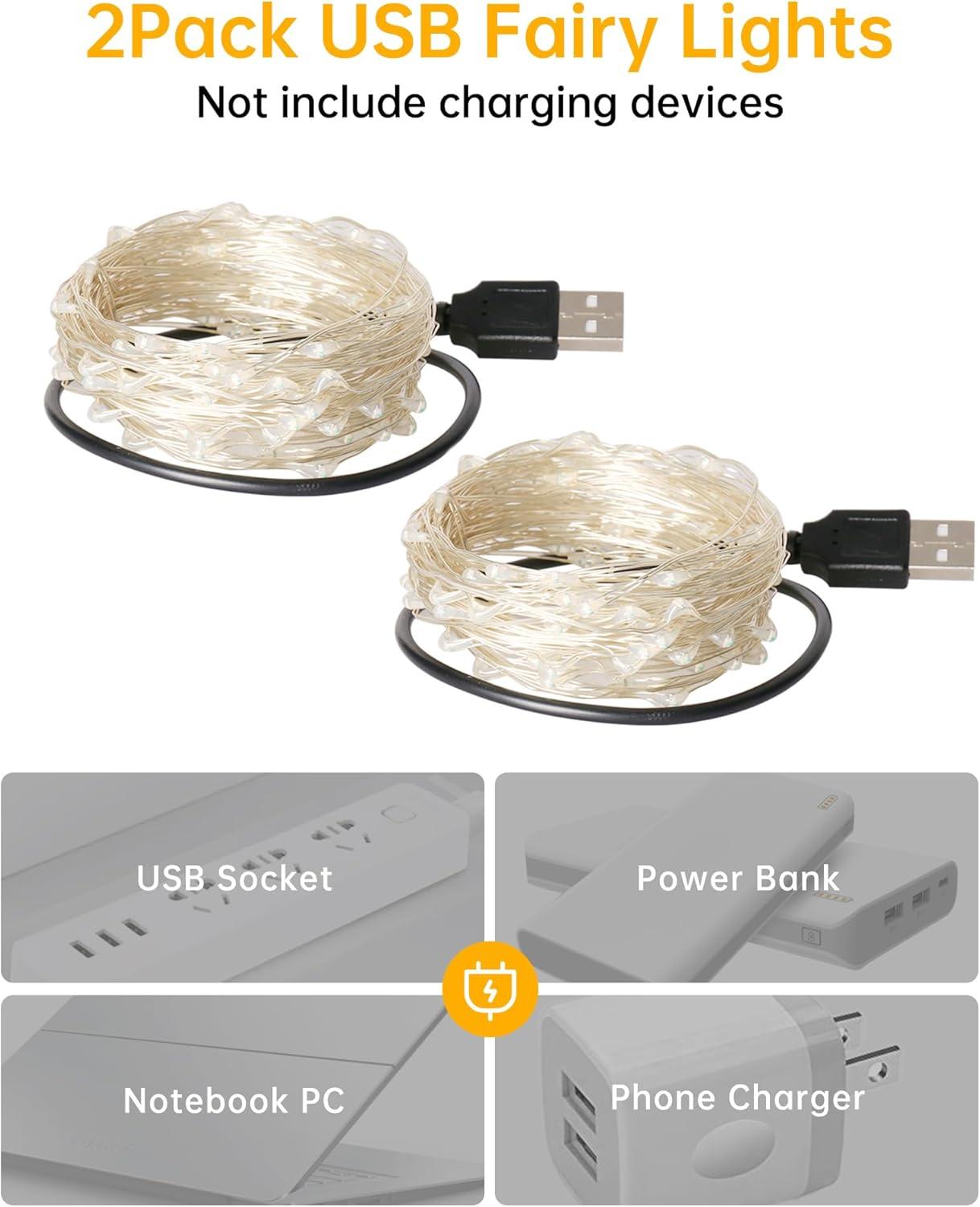 Warm White USB Powered LED Fairy String Lights 33ft 2 Pack