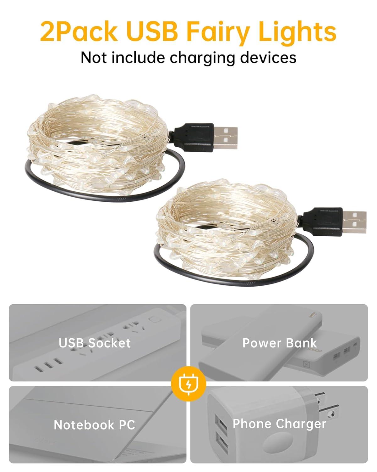 Blingstar USB Powered Fairy Lights, 2 Pack 33Ft 100 LED, Flexible Silver Wire, Mini String Lights for Christmas Tree/Bedroom/Camping/Holiday Indoor Decoration, Warm White