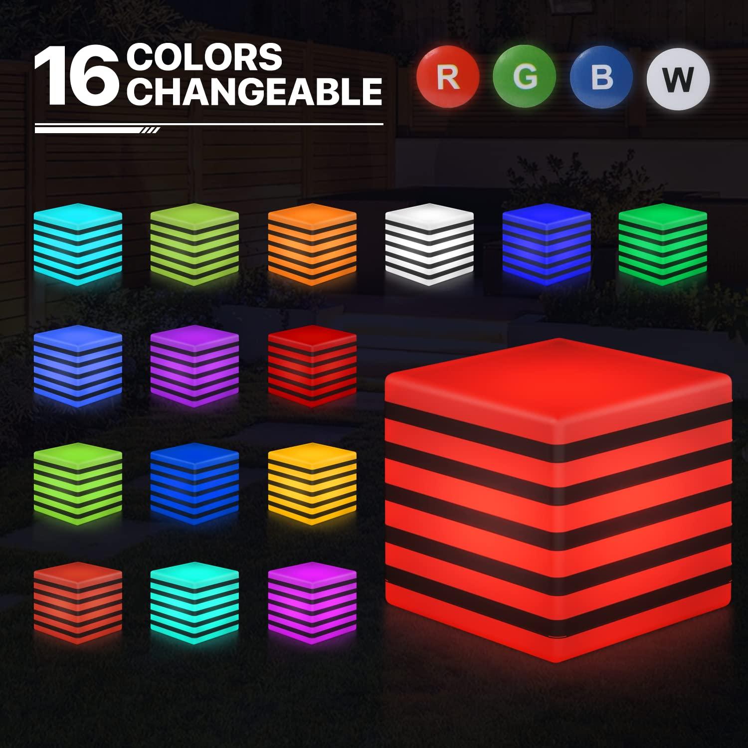 MoNiBloom 16" LED Striped Cube Light Bar Stool, Rechargeable 16 Color Changing LED Barstool Seat with Remote
