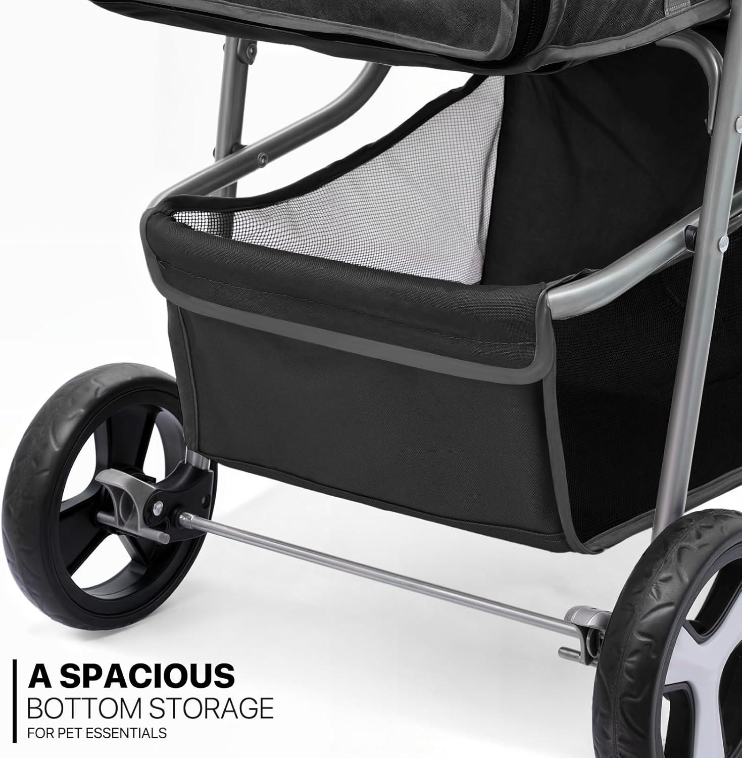ATCHISON Foldable Pet Stroller, 3 Wheels Folding Carrier Jogger Stroller for Dogs Cats with Canopy and Basket