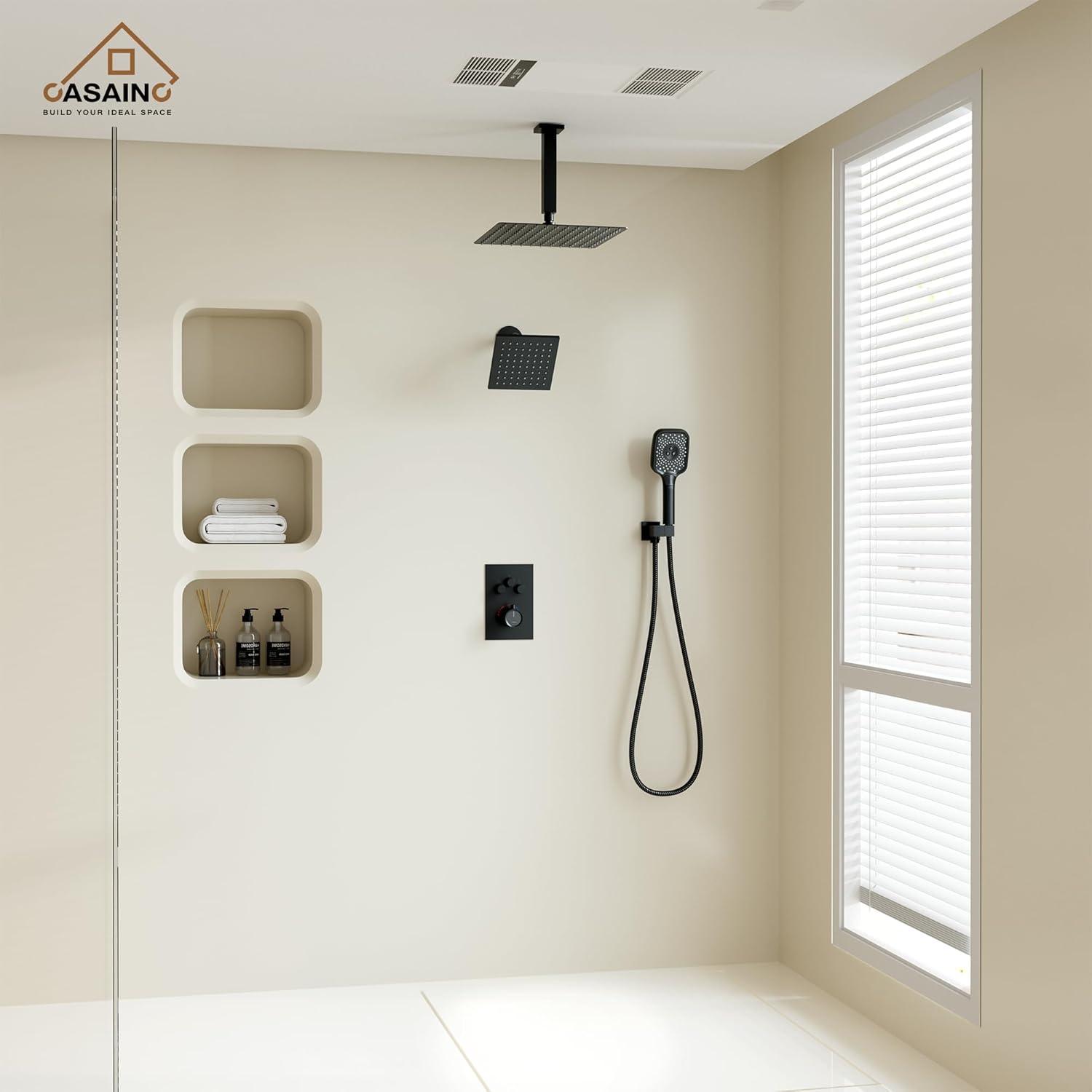 Rainfall Symphony 12inch 3-Function Dual Shower Head Thermostatic Shower System with 3 Sprays Handheld