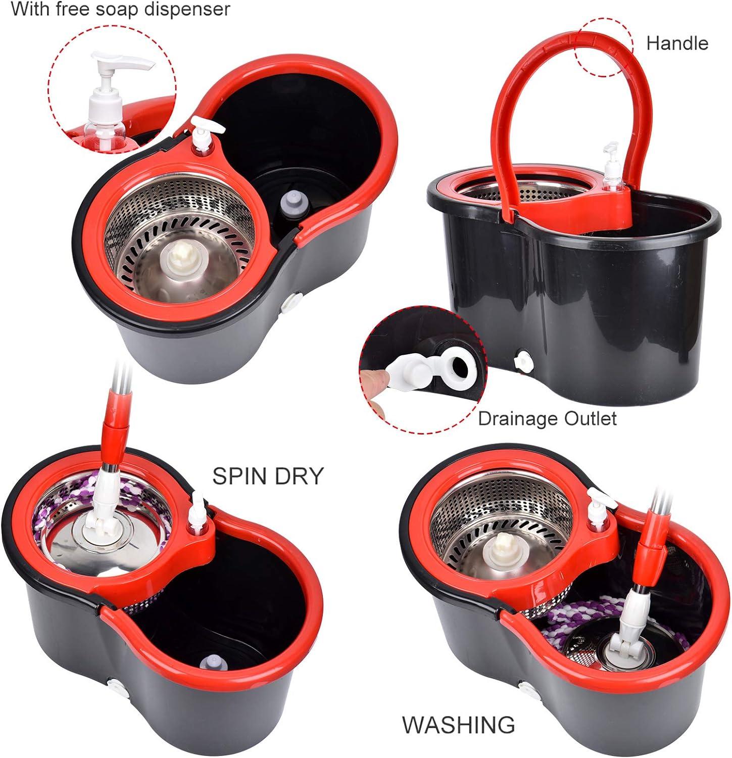 Mop and Bucket Set, 360° Spin Mop and Bucket with Wringer Set and 3 Microfiber Mop Refills, Stainless Steel 61" Extended Handle Spinning Mop Bucket System for Floor Cleaning