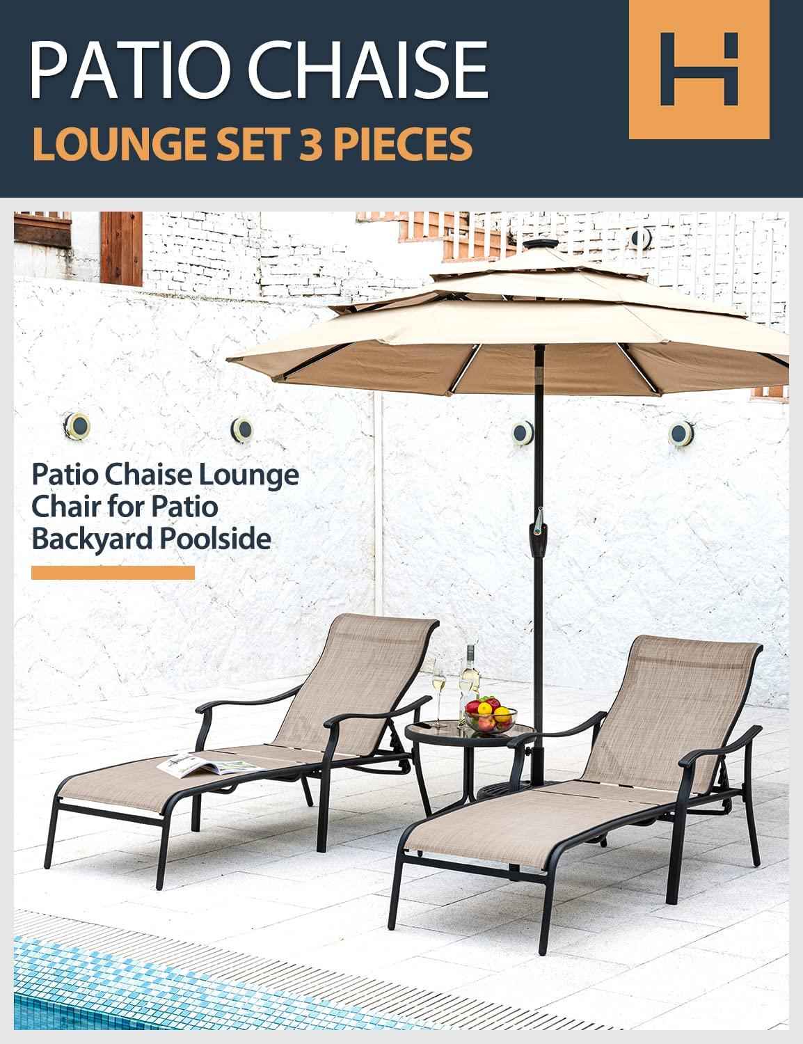 HAPPATIO Patio Chaise Lounge Set 3 Pieces,Patio Lounge Chair with Glass Coffee Table,Pool Lounge Chair with Breathable Textilene Fabric,Patio Chaise Lounge for Patio Backyard Poolside(Gray)