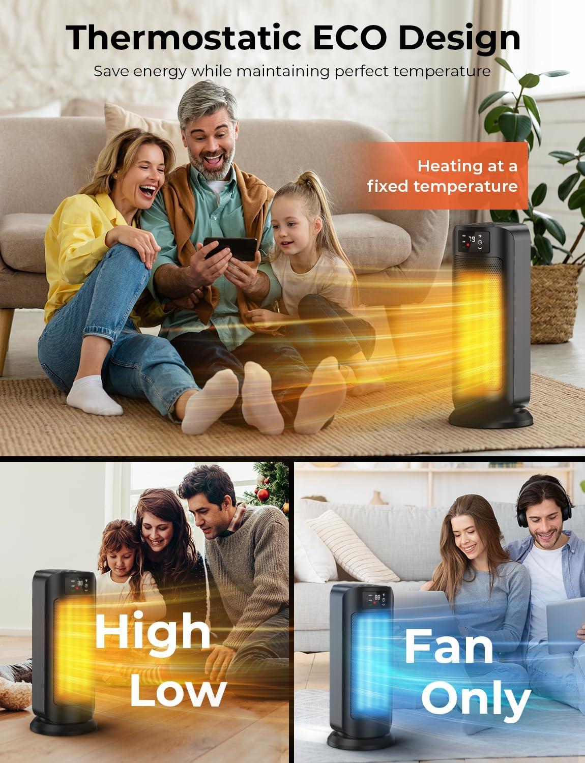 1500W Space Heaters for Indoor Use, PTC Ceramic Electric Heater Fast Heating with Remote, ECO, 59-95°F Digital Thermostat, Child Lock, 24H Timer, Oscillating Portable Electric Heater for Large Room