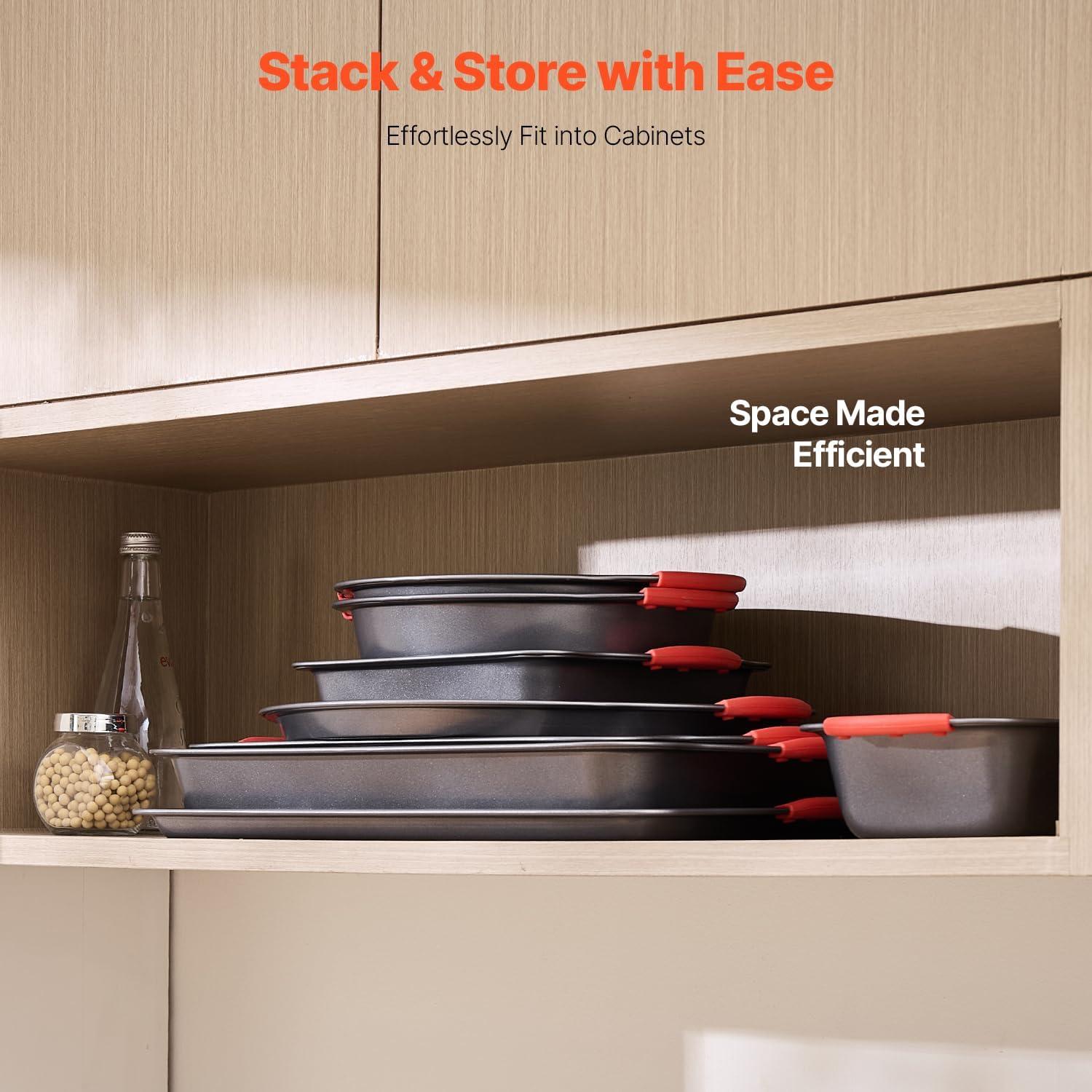 VEVOR Baking Pans Set, 3-Piece, Ultra Thick Nonstick Carbon Steel Cookware Sheets & Trays, Stackable Kitchen Oven Bakeware Cooking Sets, Easy to Clean, for Baking Cookie Cake Muffin Bread