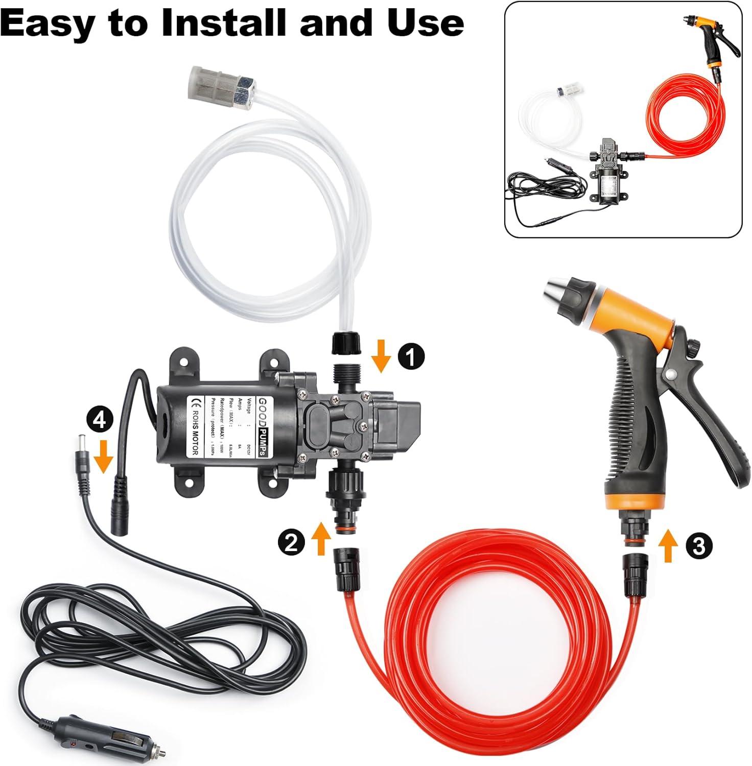 Portable Intelligent Electric Pressure Washer Pump 100W 160 PSI 12V Portable Pressure Powerful Washing Kit with 21.3 Feet PVC Hose for Home, Car, Garden, Projects (100 W-Black Hose)