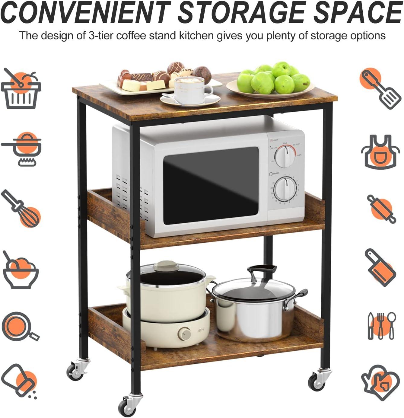 Kitchen Microwave Cart, 3 Tier Rolling Kitchen Utility Cart on Wheels Coffee Cart, Microwave Kitchen Islands Cart with Storage, for Living and Kitchen Room, Coffee Station for Kitchen