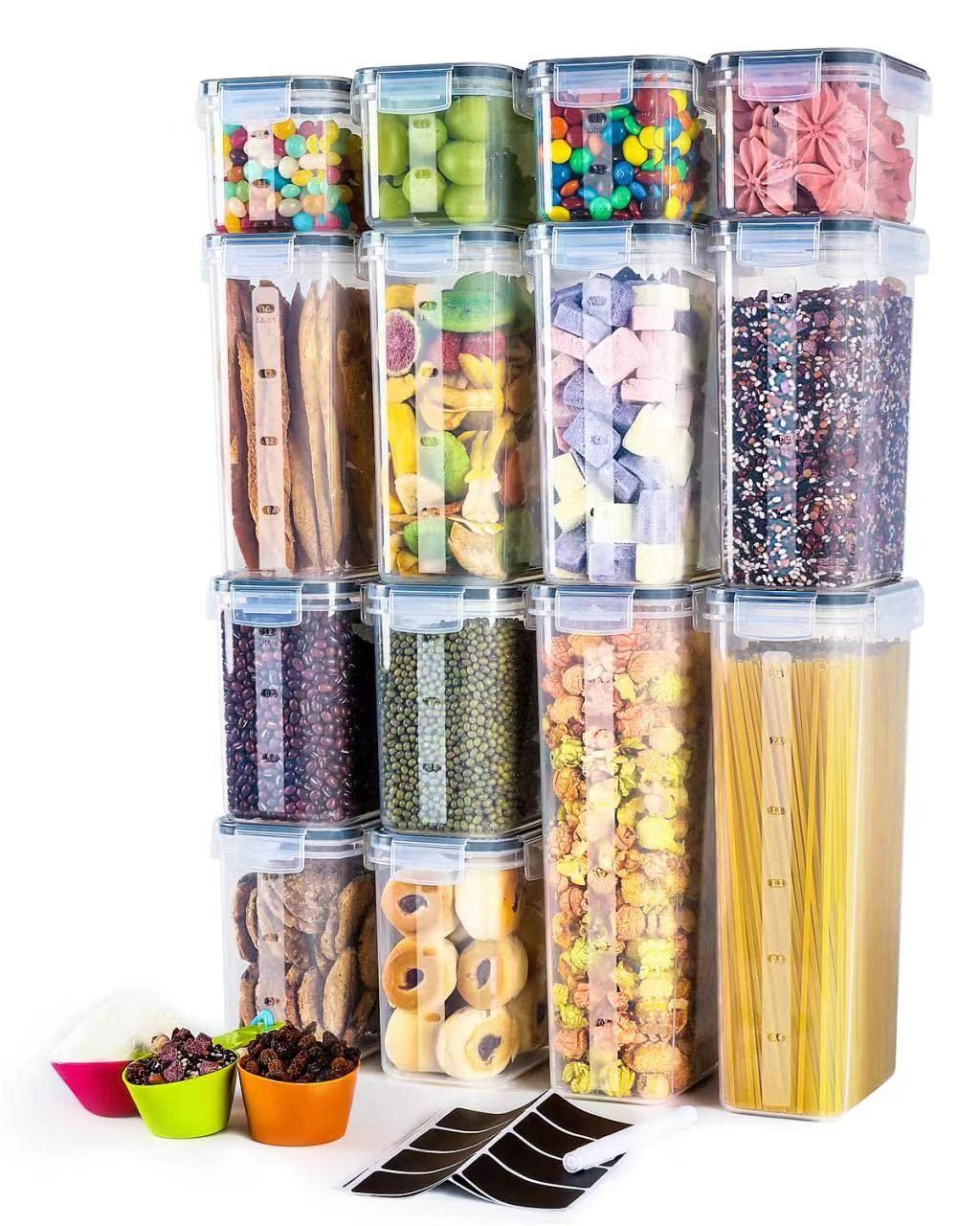 Airtight Clear Pantry Canister Set 14-Pack Dark Gray Stackable Organizer for Food Storage