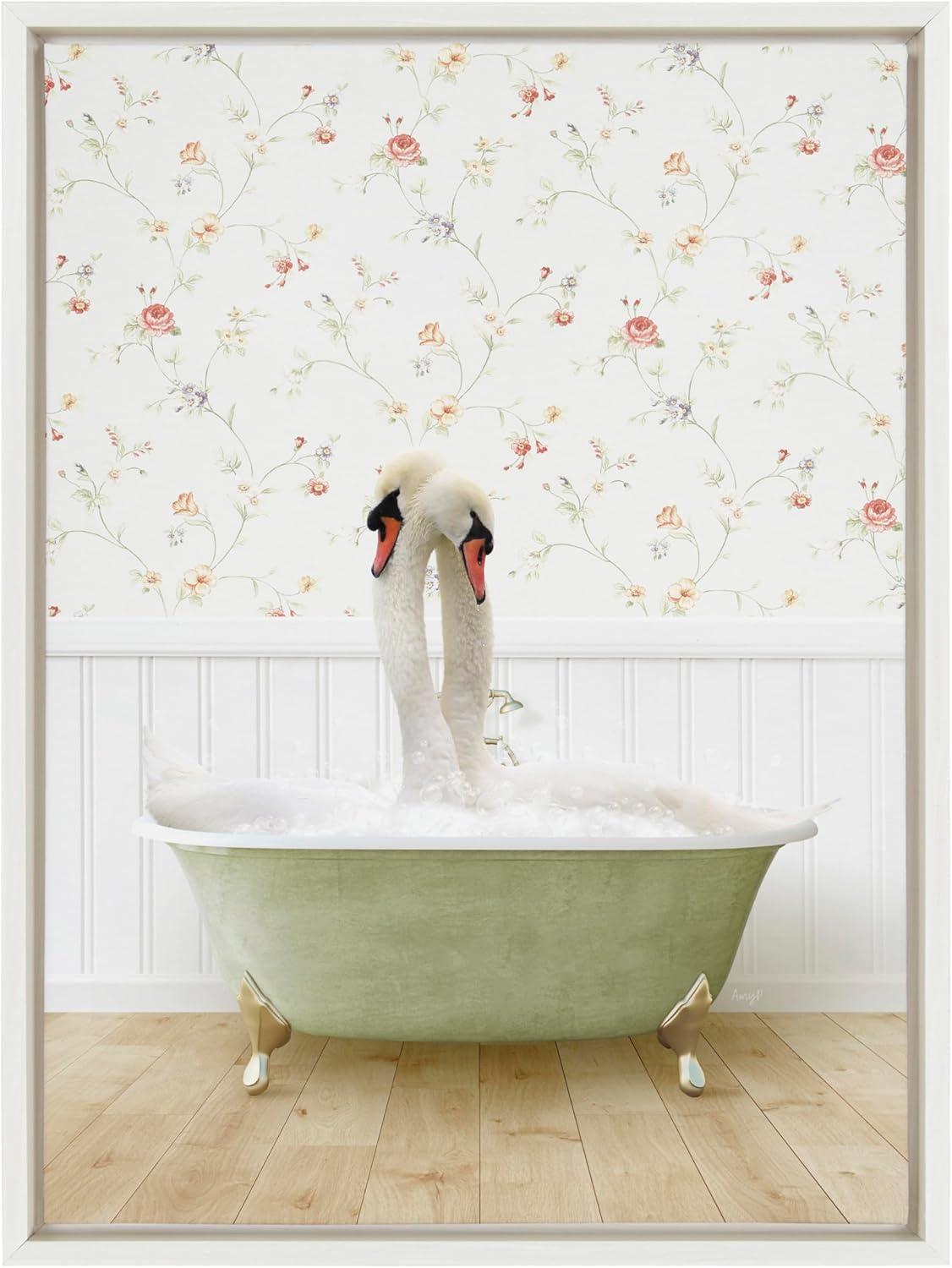 Kate and Laurel Sylvie Swans Hugging in Country Cottage Bath Framed Canvas Wall Art by Amy Peterson Art Studio, 18x24 White, Cute Animal Bathtub Art for Wall