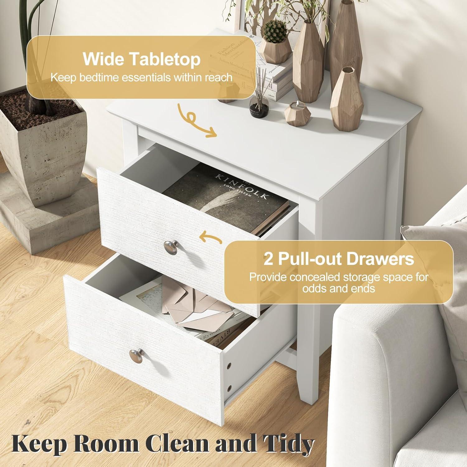 Tangkula Modern Nightstand with Storage 2 Drawers & Support Legs for Bedroom White