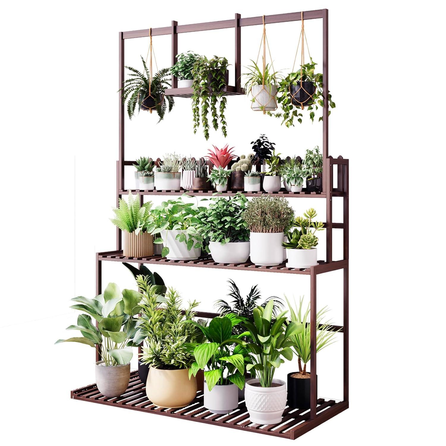 Natural Bamboo 3-Tier Hanging Plant Stand with Shelves