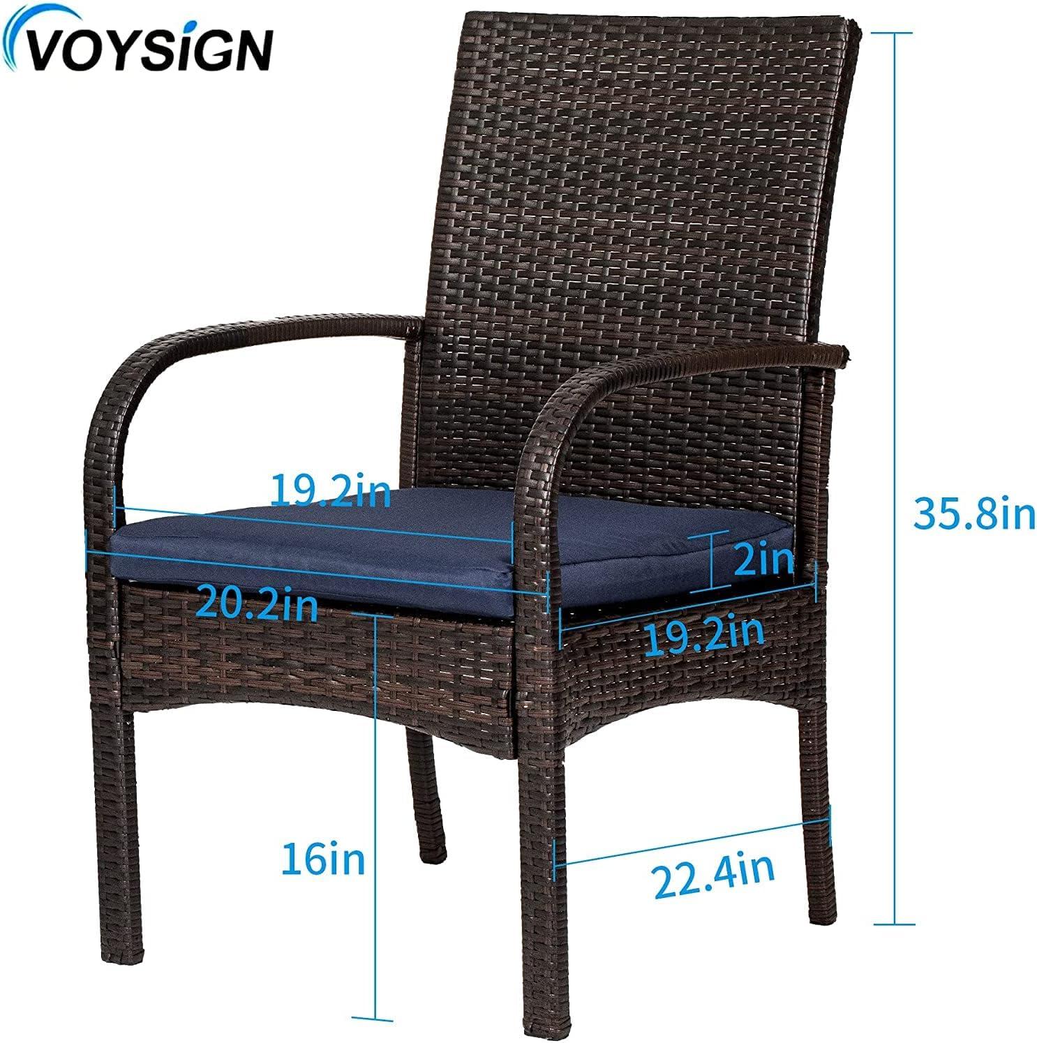 Brown Wicker Outdoor Dining Chairs with Blue Cushions, Set of 2