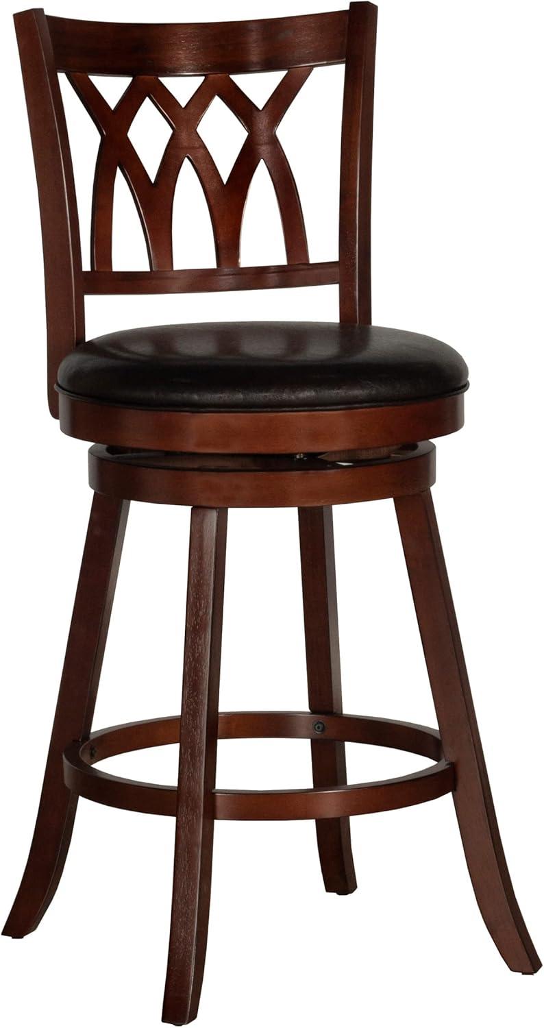 Cherry Wood Swivel Bar Height Stool with Brown Faux Leather