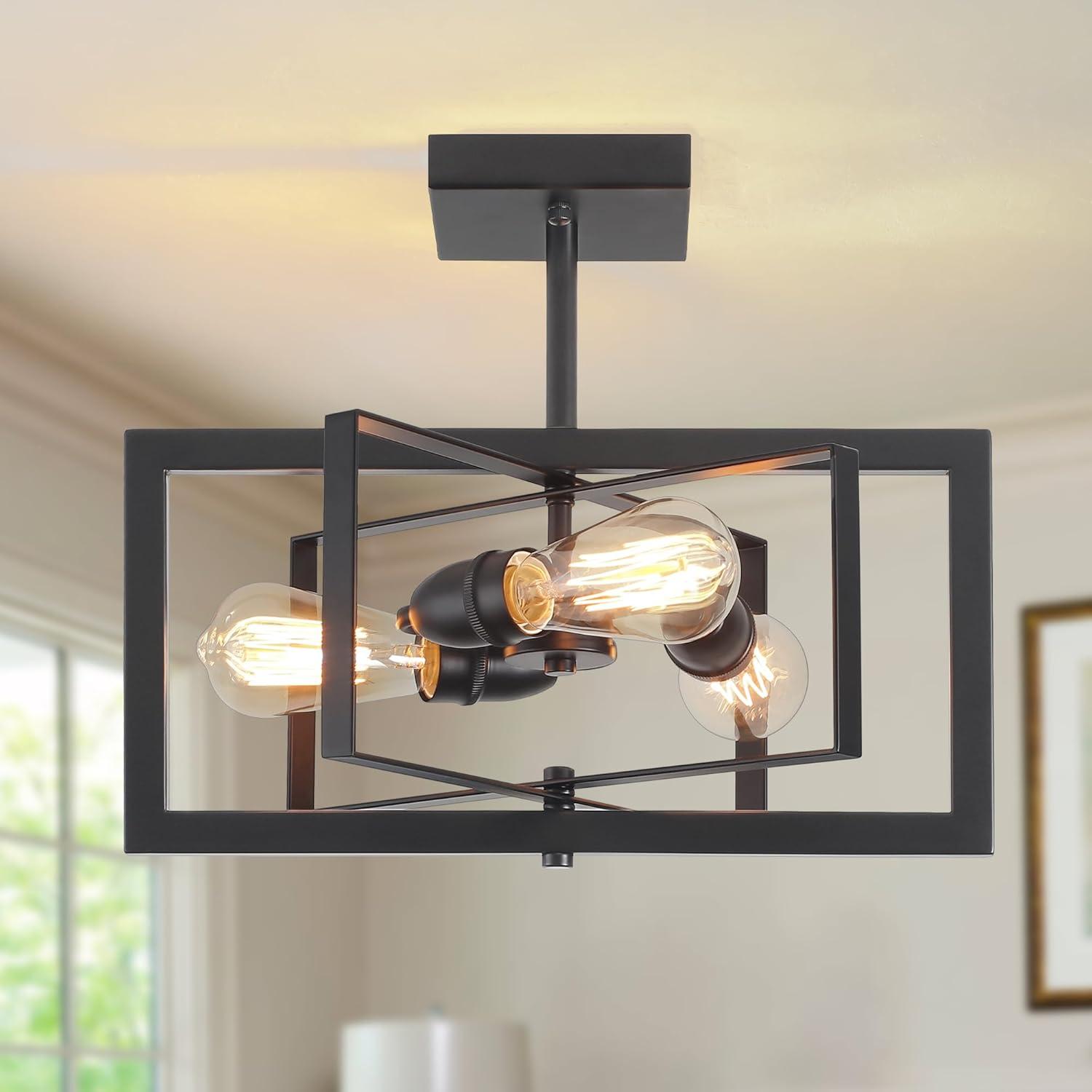 3-Light Black Ceiling Light Fixture for Dining Room Foyer Modern Farmhouse Lighting Fixtures Semi Flush Mount Rectangle Metal Ceiling Light for Bedroom Kitchen Island Entryway 15.74''