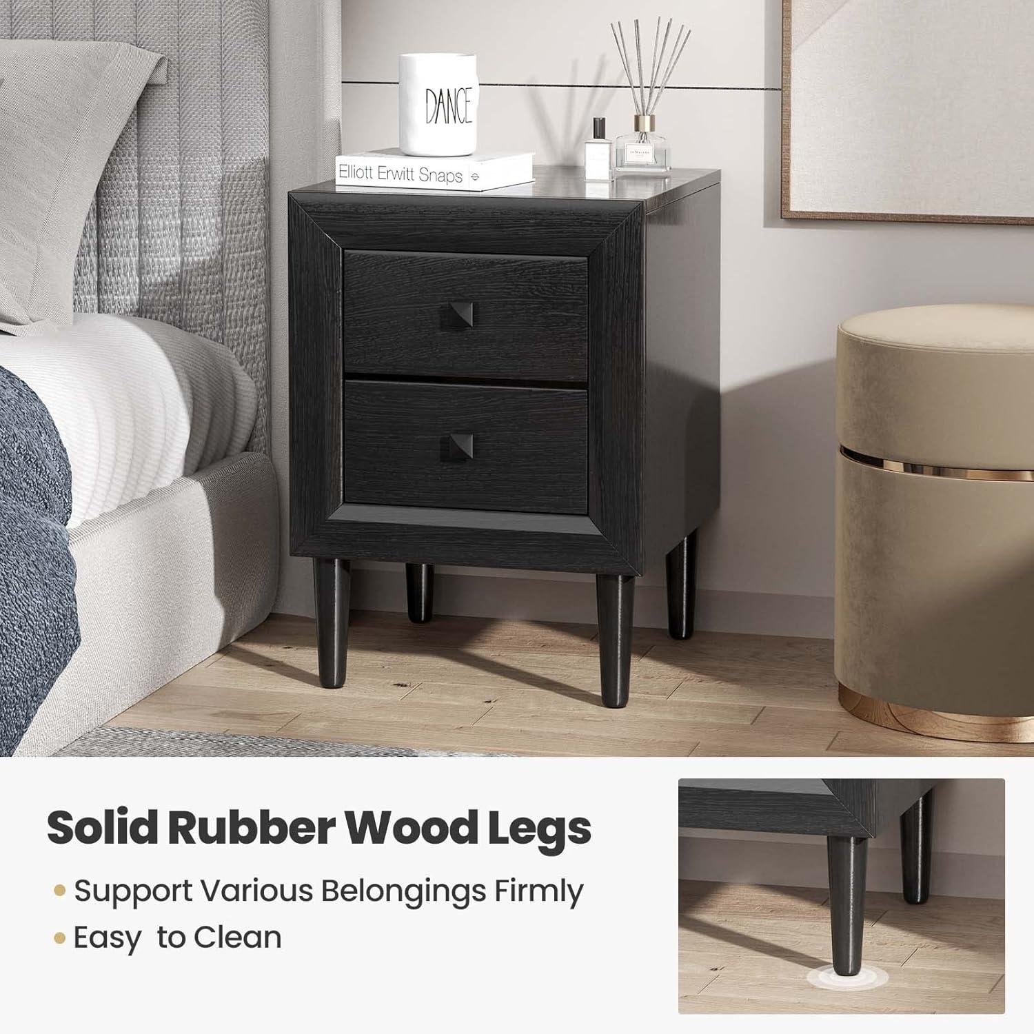 Black Rubberwood 2-Drawer Nightstand with Solid Wood Legs