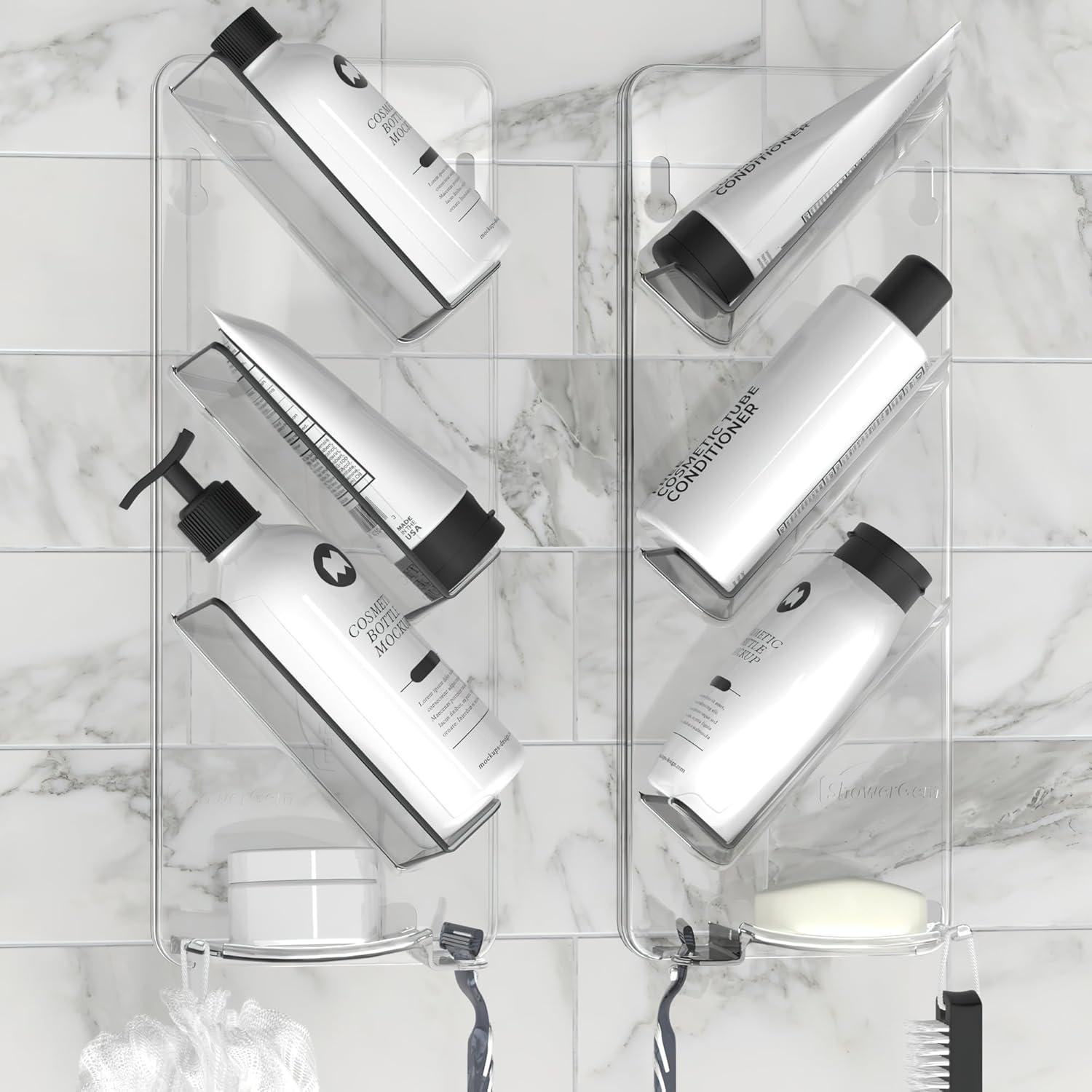 Easy Clean Shower Caddy, 2 Pack Durable Rustproof Bath Organizer, No Suction Cups, No Screws, Wall Mounted Adjustable Shower Rack, Acrylic Shelves As Seen On Instagram