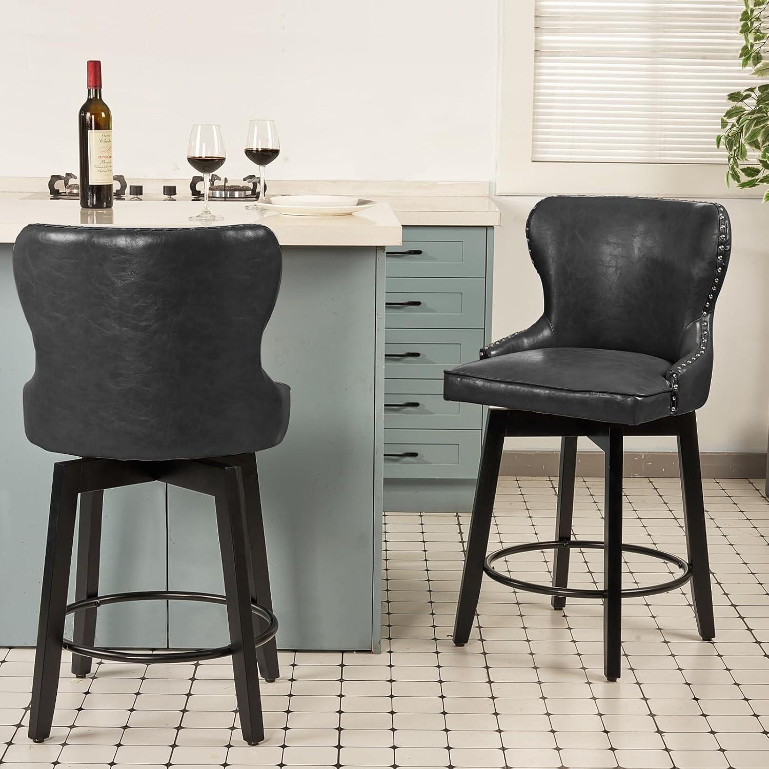 Dycanpo 26'' Swivel Bar Stools Set of 2, Upholstered Barstool with Footrest for Kitchen,Black