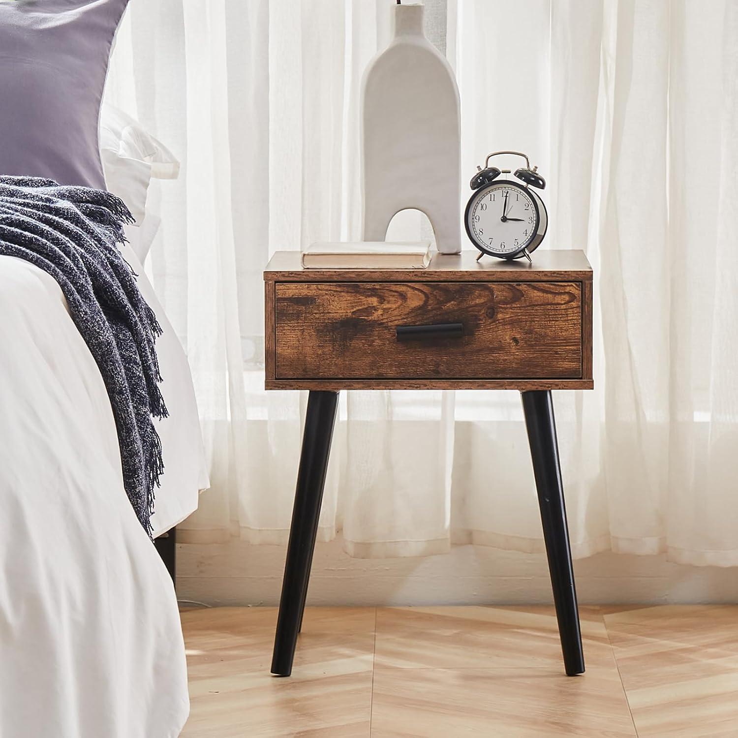 Rustic Brown Wood Nightstand with Drawer and Black Legs