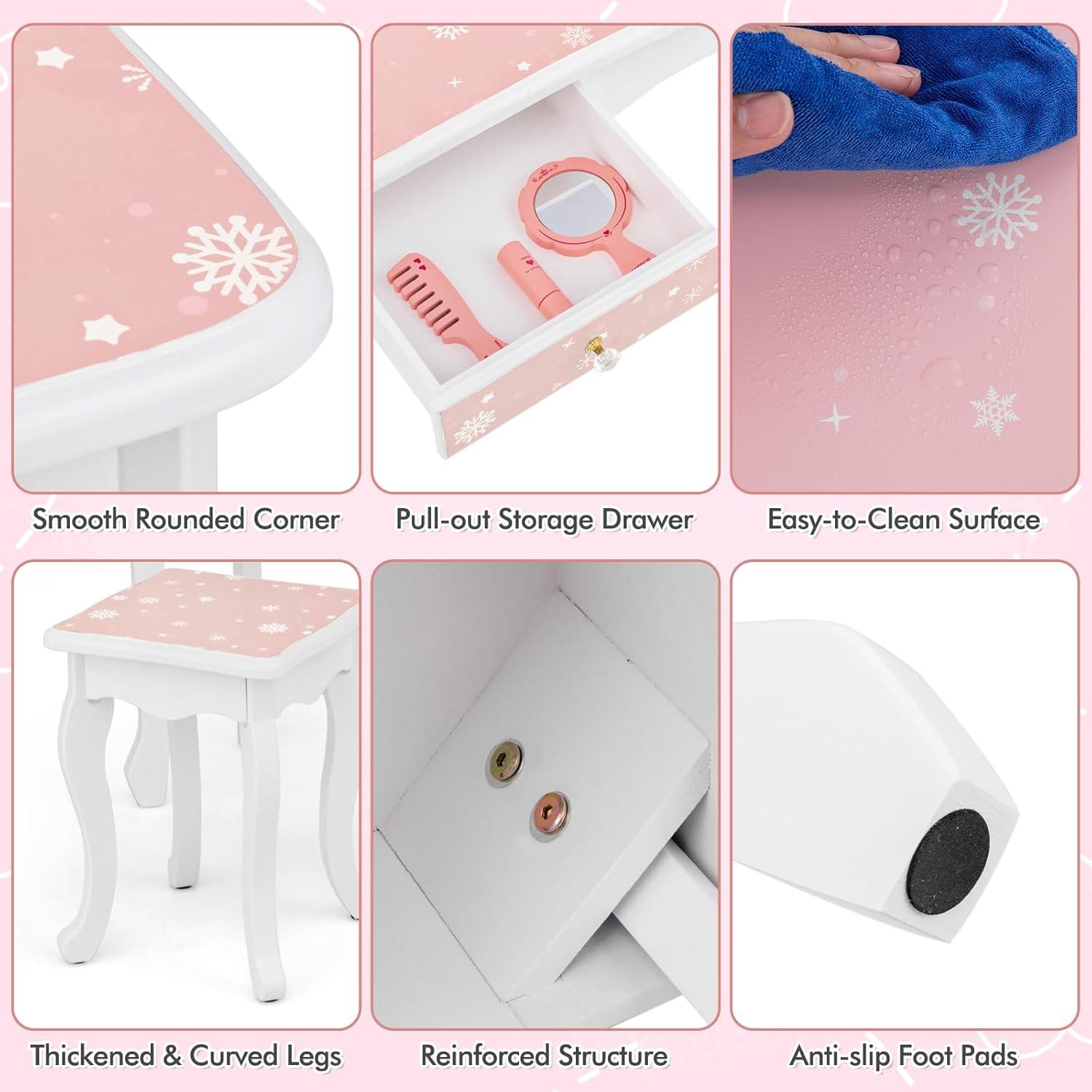 GVN Vanity Set,Toddler Vanity Set, Princess Pretend Play Makeup Table and Stool Set with Tri-folding Mirror-Pink