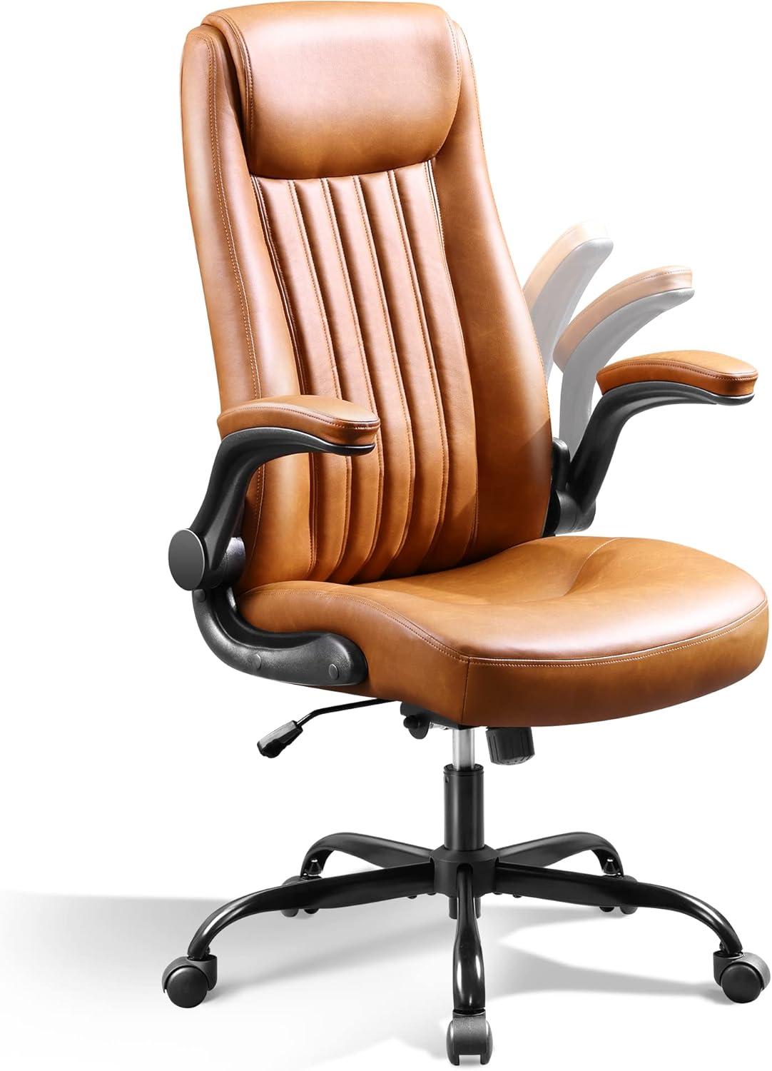 DEVAISE Executive Chair Computer Office Chair, High Back Ergonomic Desk Chair with Adjustable Flip-up Armrests, Lumbar Support and Thick Headrest, Brown