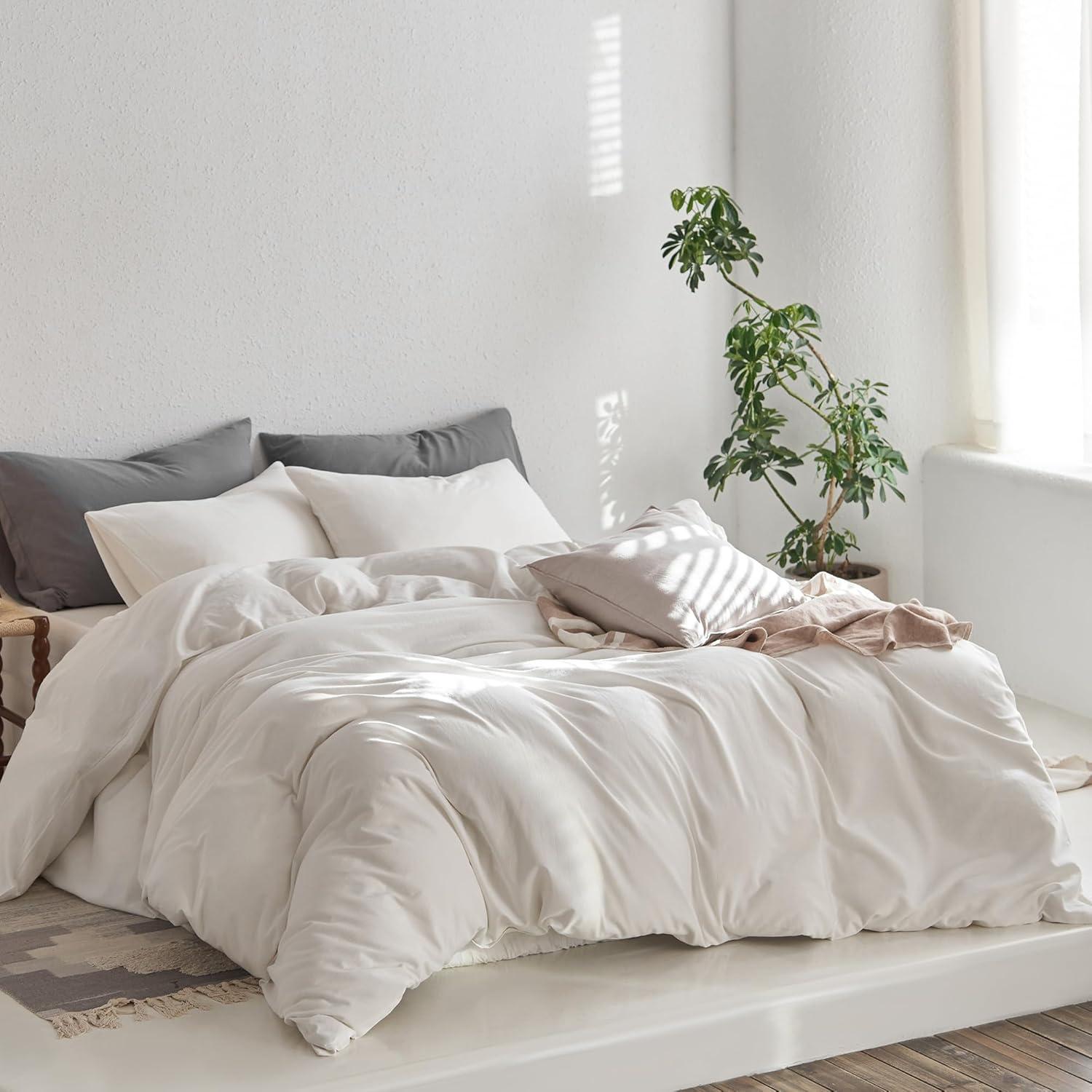 MOOMEE Linen Like Textured 100% Washed Cotton Twill Duvet Cover Set Ultra Soft