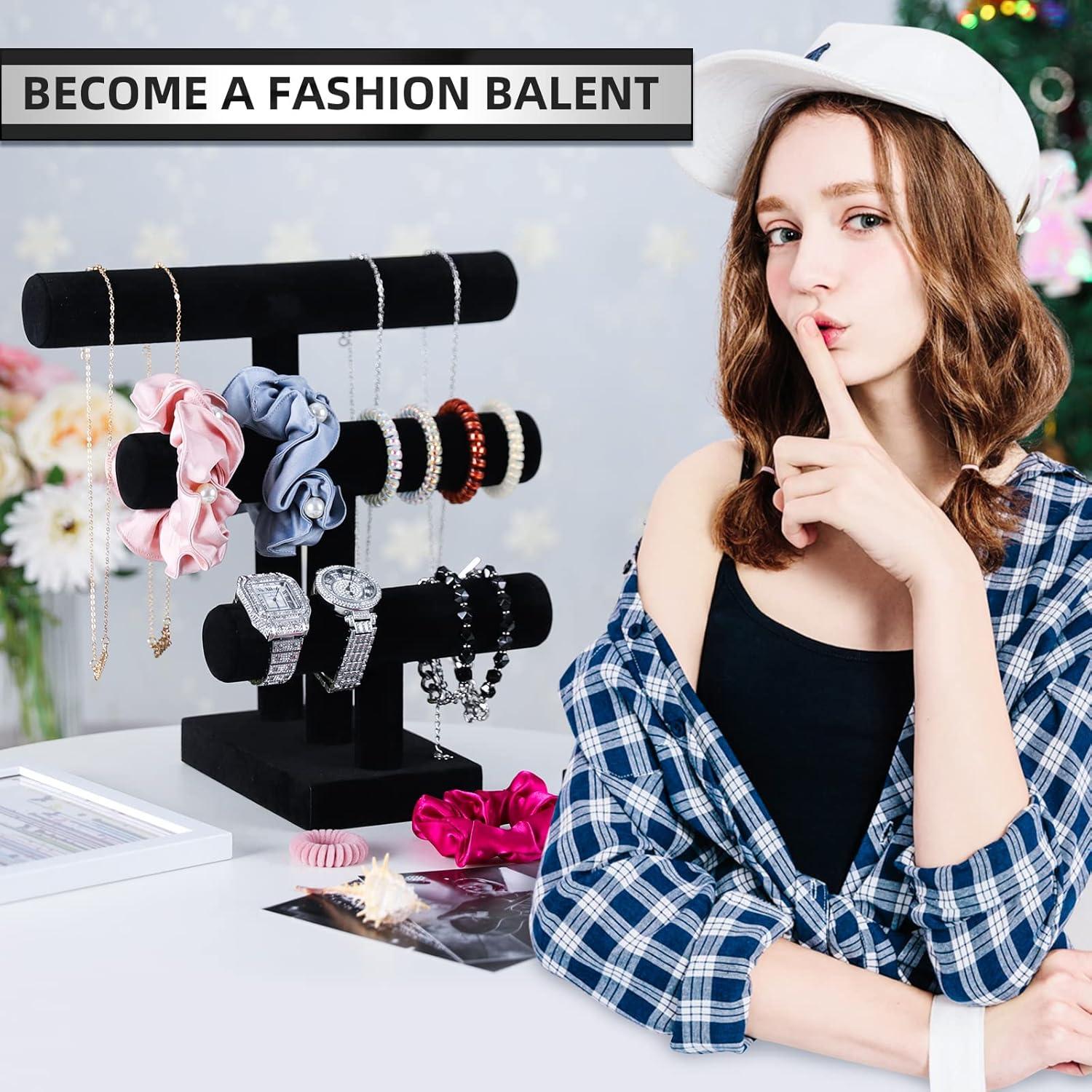 T Bar Bracelet Display Stand,Bracelet Organizer Holder,Jewelry Display Stand, Necklace Bangle Scrunchie Watch Organizer (Black, 3 tier)