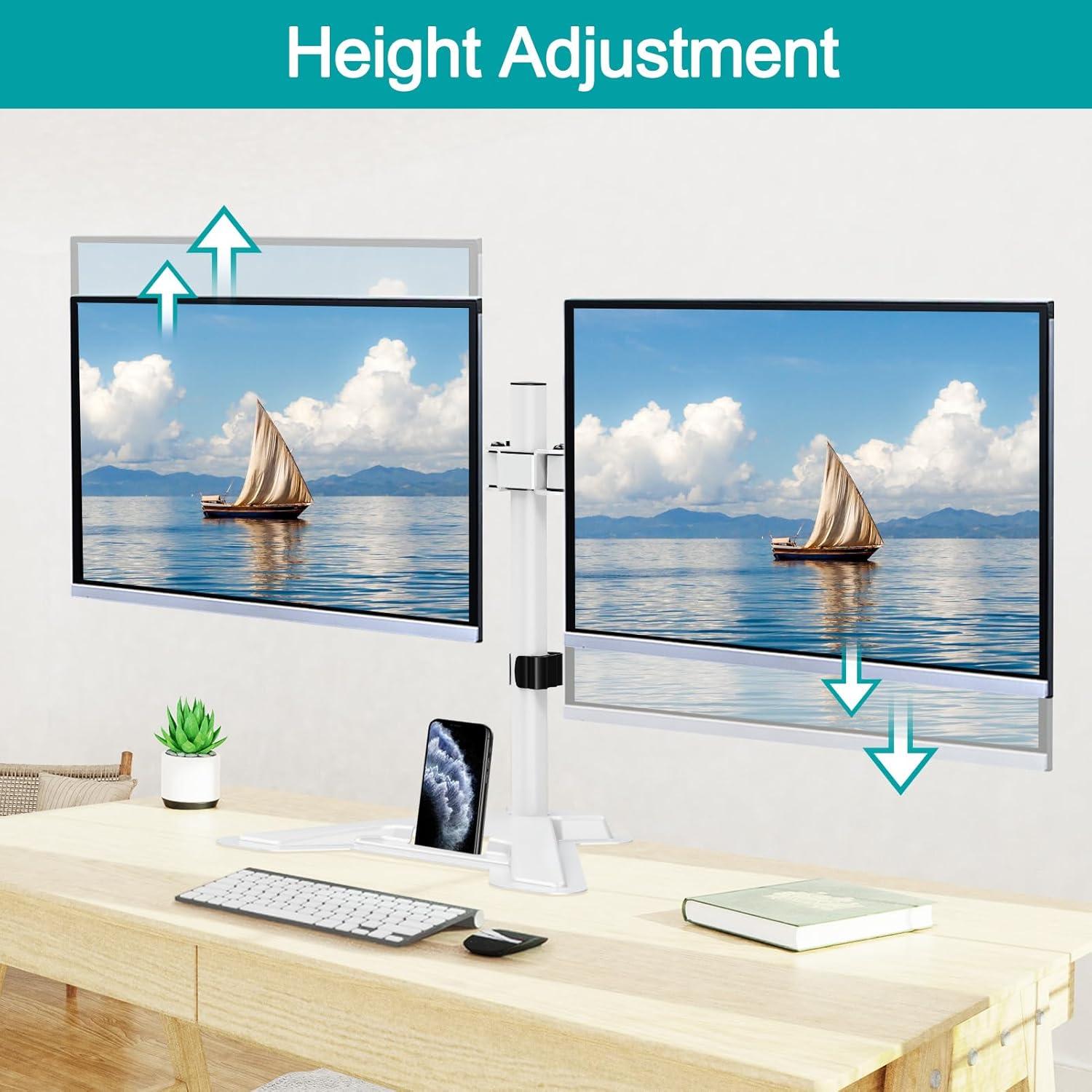 MOUNT PRO Dual Monitor Stand, Free-Standing Full Motion Monitor Desk Mount Fits 2 Screens up to 27 inches,17.6lbs with Height Adjustable, Swivel, Tilt, Rotation, VESA 75x75 100x100,White