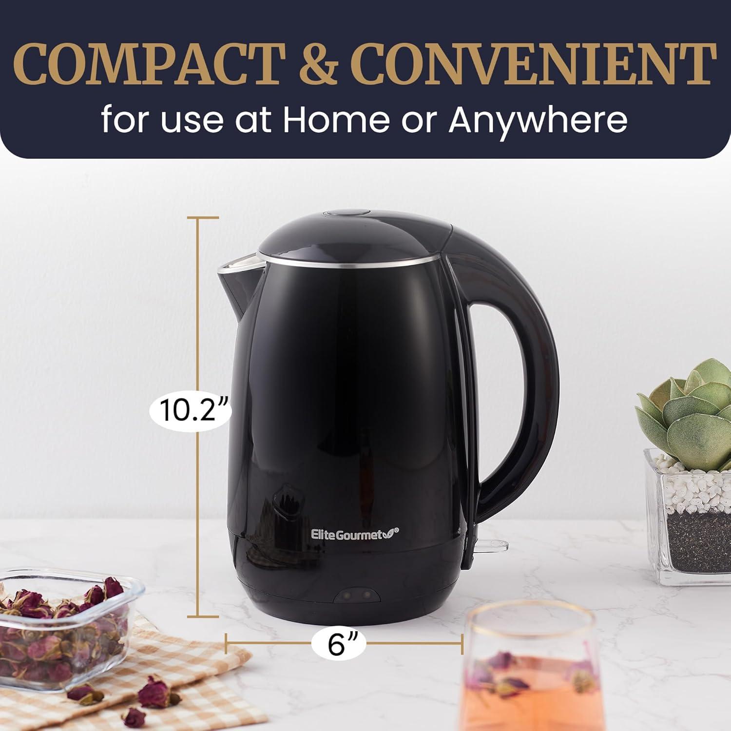 Elite Gourmet 1.8L Cool-Touch Electric Kettle, Stainless Steel, Black