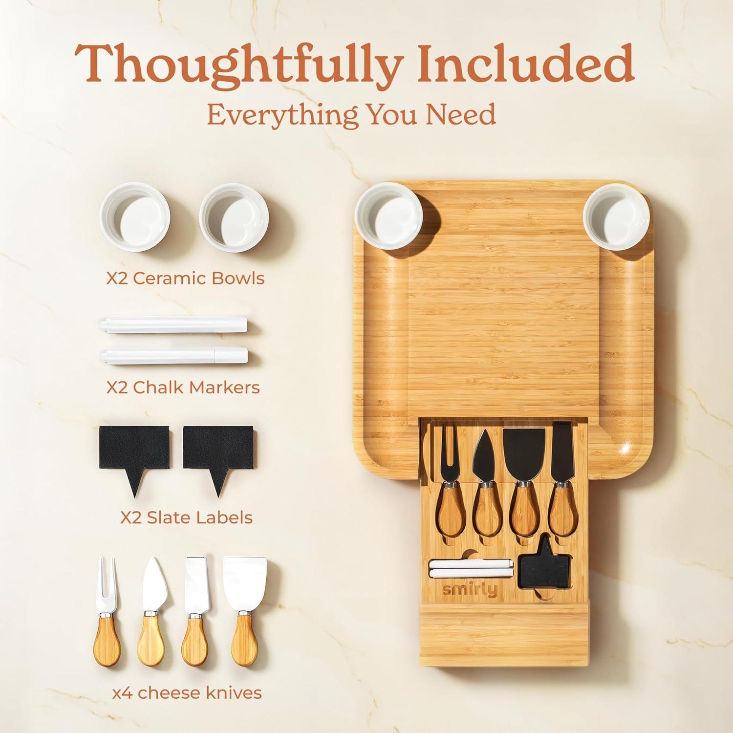 SMIRLY Charcuterie Board Set Large Bamboo Cheese Board with Fruit Tray & 2 Ceramic Bowls