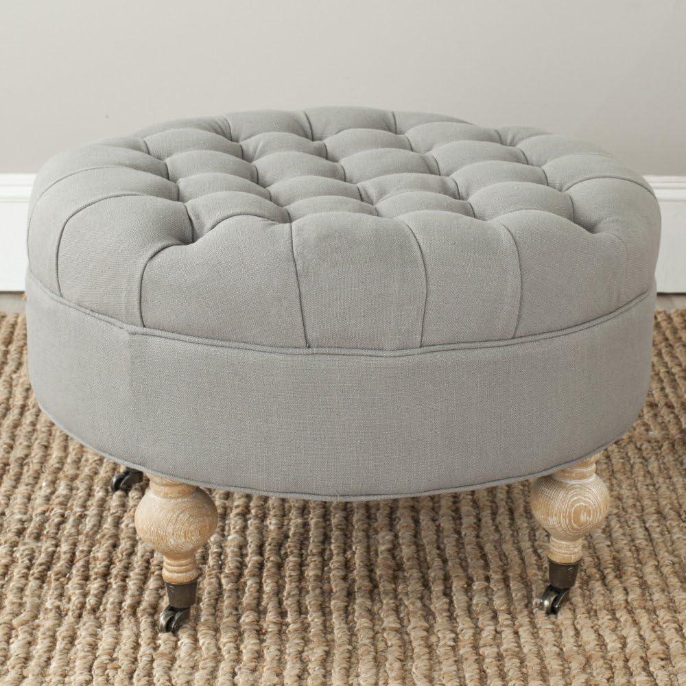 Clara Transitional Granite Grey Tufted Round Ottoman