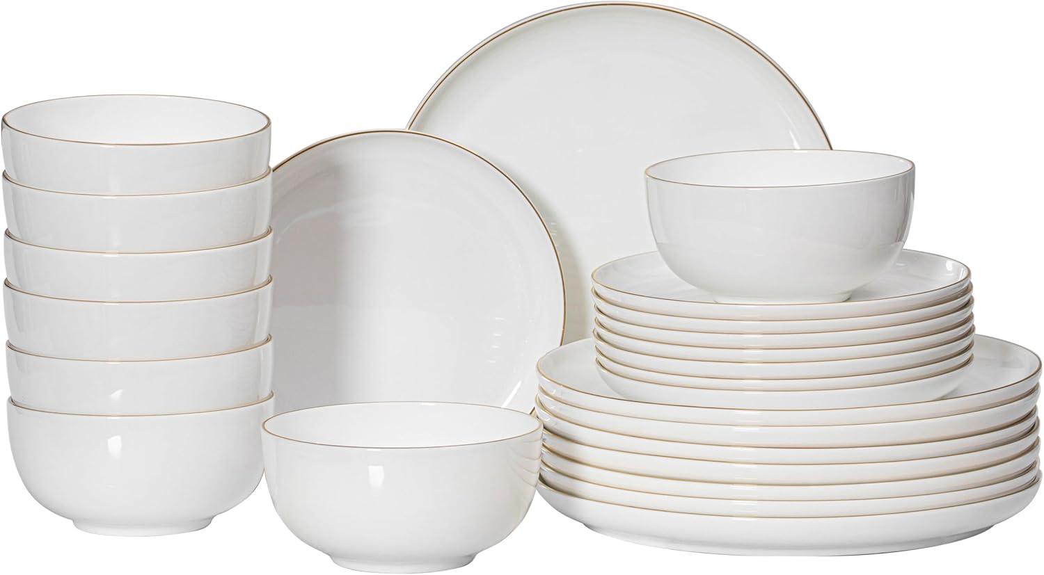 Dinewares White with Gold Rim Bone China Dinnerware Set - Service for 8, Includes Dinner Plates, Salad Plates, and Cereal or Soup Bowls
