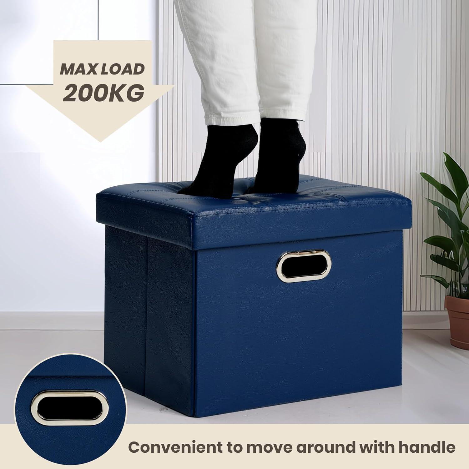 COSYLAND Storage Ottoman 17x13x13in Leather Ottoman Rectangle Footrest Footstool Folding Ottoman for Room Dorm Small Collapsible Bench Seat Organizer Entryway Furniture with Handles Lid Royal Blue