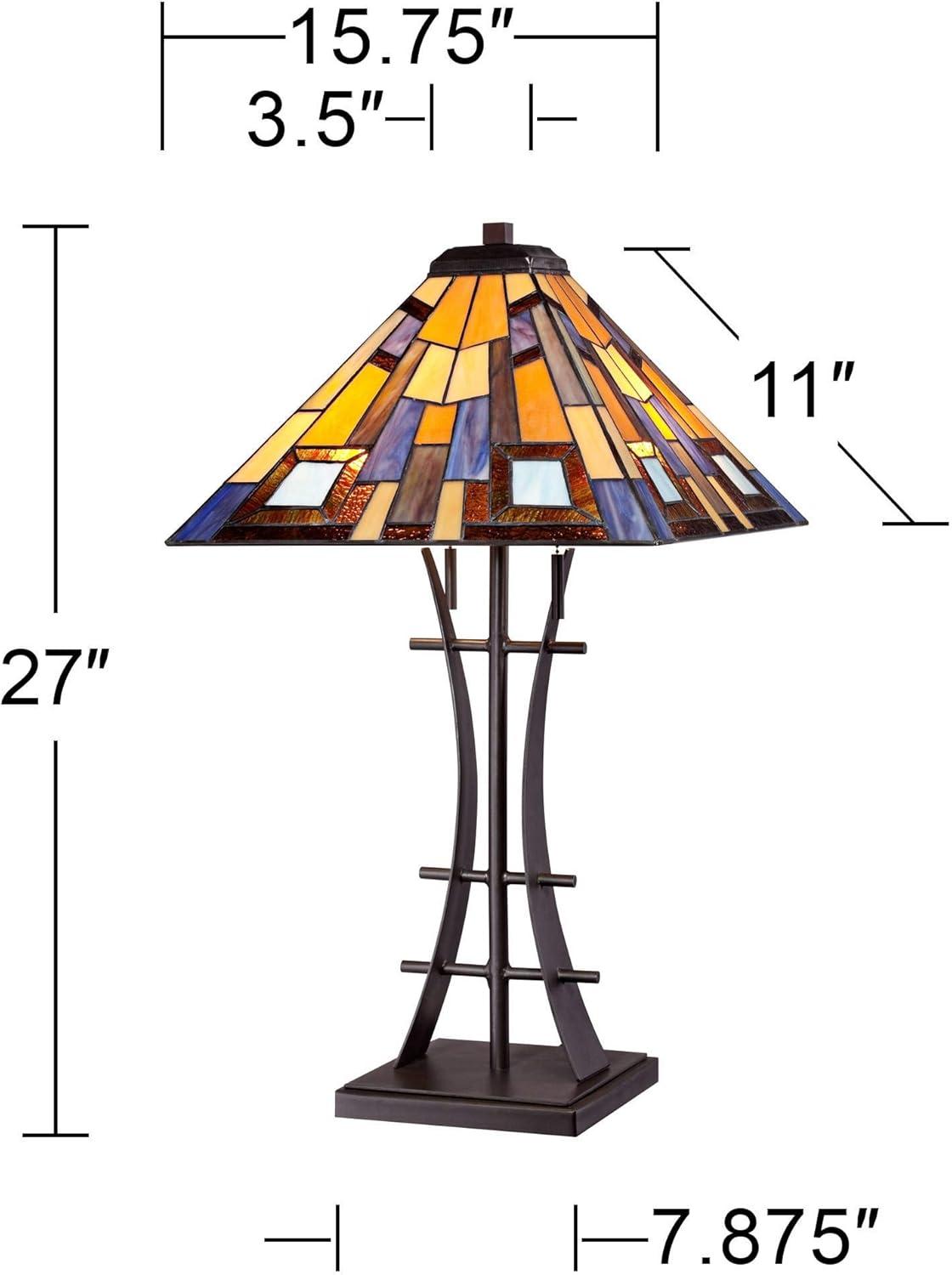 Robert Louis Tiffany Jewel Tone Mission Table Lamp 27" Tall Iron Bronze Geometric Stained Glass Art Shade for Bedroom Living Room Bedside Nightstand