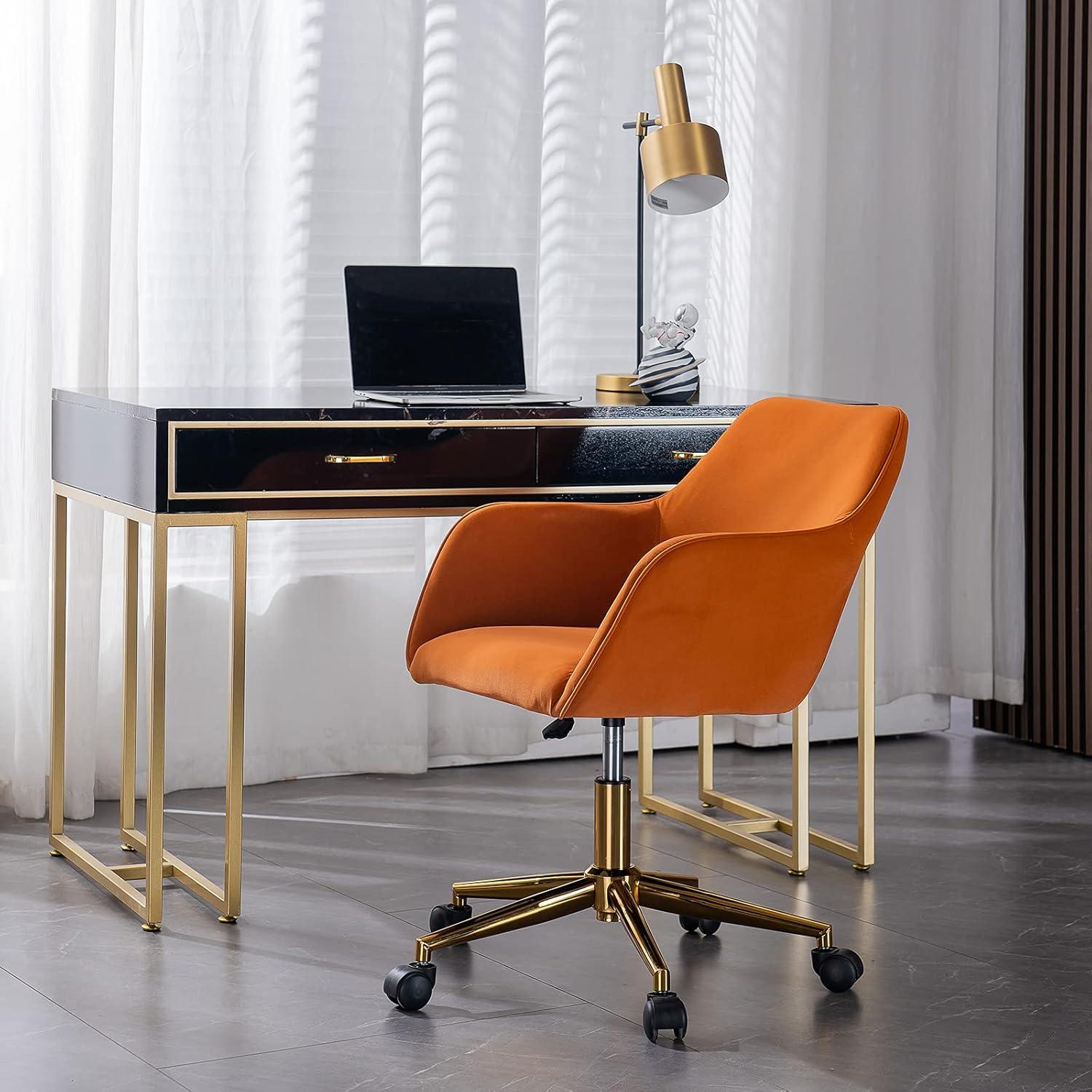 Orange Velvet Swivel Office Chair with Gold Base