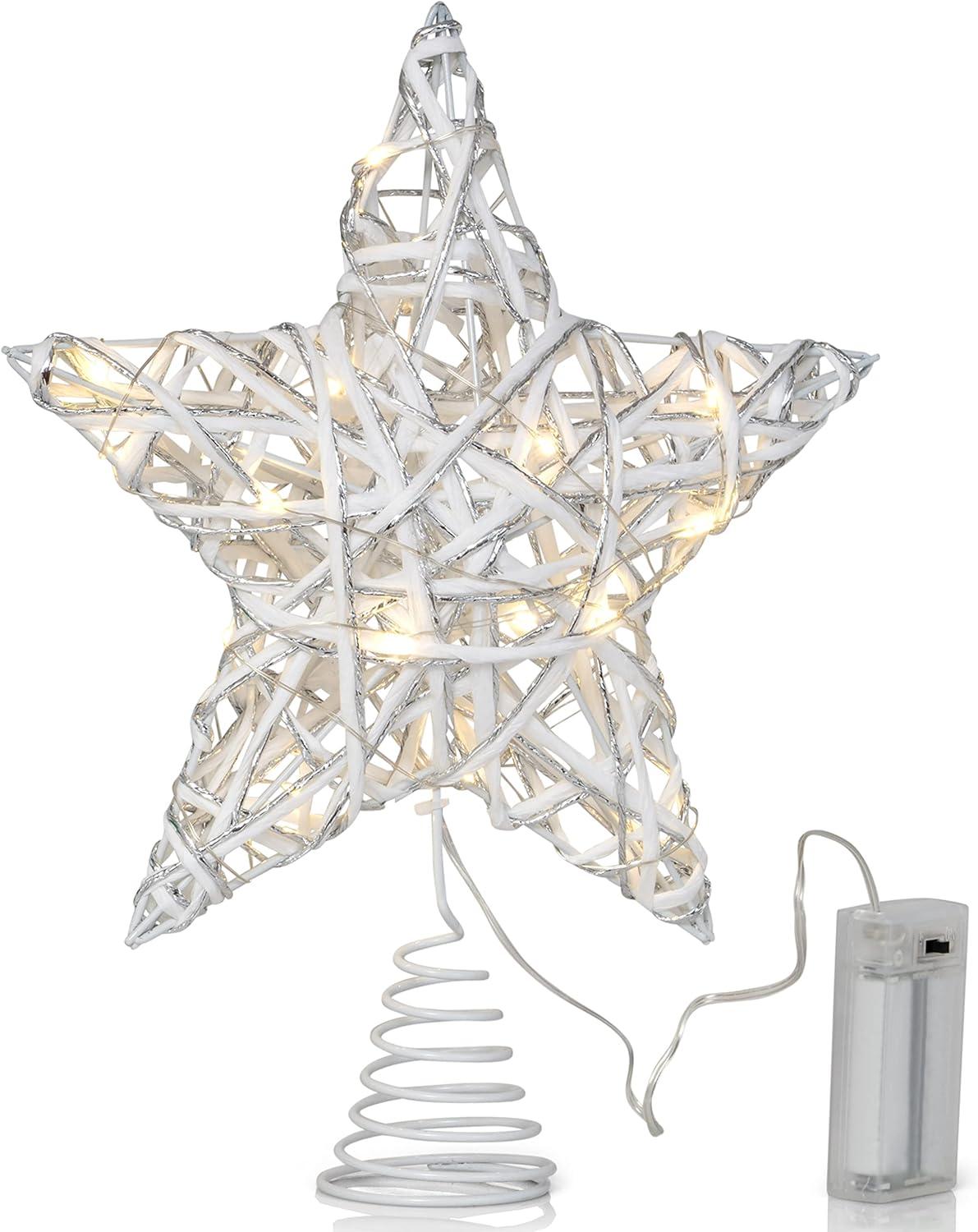 Ornativity Christmas Rattan Lit Tree Topper - White and Silver