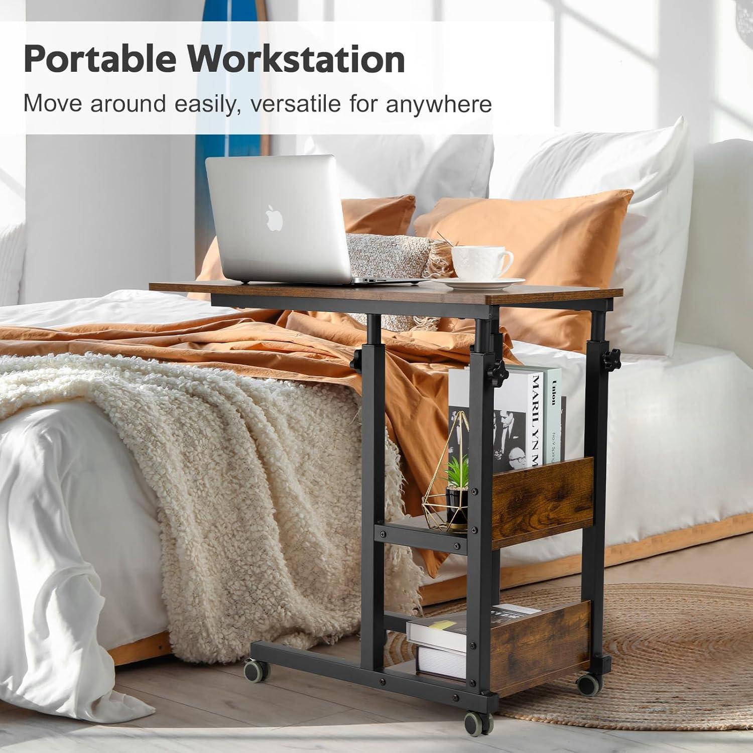 17 Stories Hadulcet C Shaped Side Table Adjustable, Height Adjustable C Table With Wheels And Storage Shelves For Couch Bed Recliner Rustic Brown