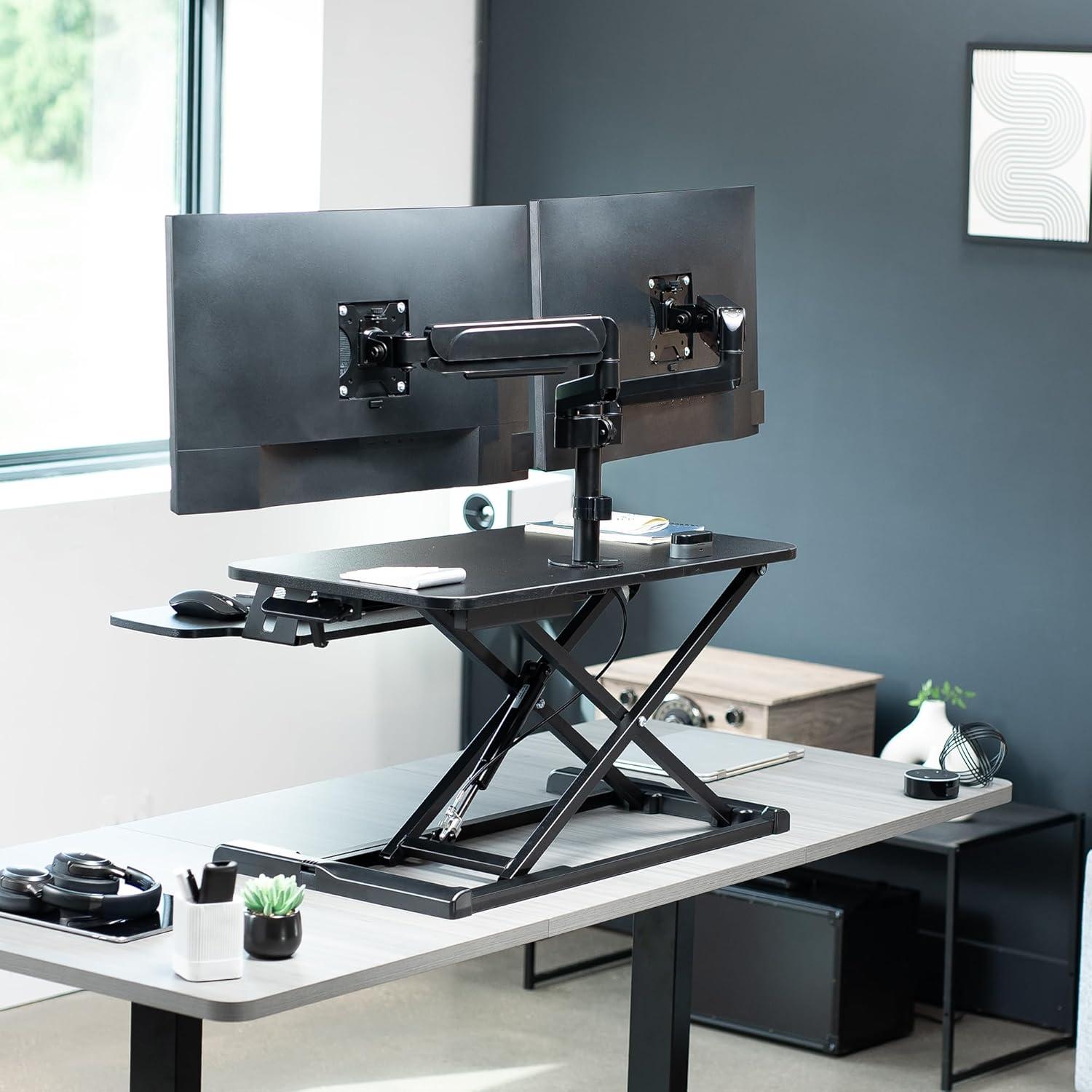 VIVO Black 32" Standing Desk Riser with Dual Monitor Arm for up to 32" Screens