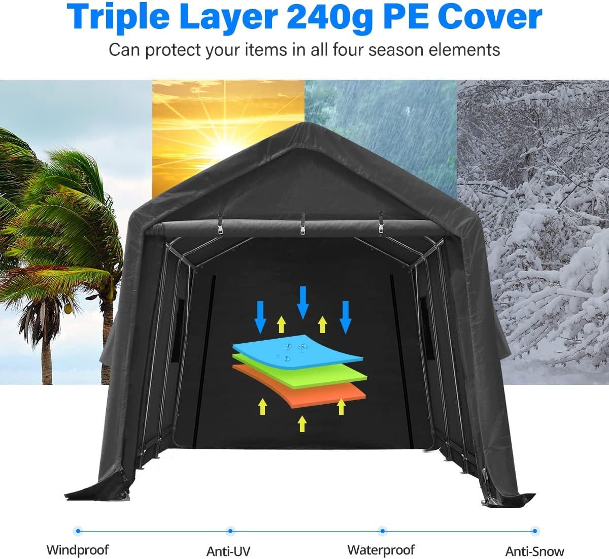 ADVANCE OUTDOOR 10x15 ft Outdoor Storage Shelter Shed with 2 Roll up Zipper Doors & Vents Peak Roof Carport for Motorcycle Waterproof and UV Resistant Anti-Snow, Gray