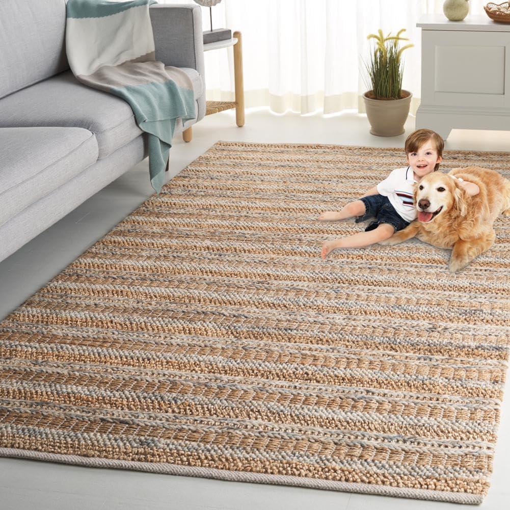 Natural Brown Striped Wool Cotton 6' x 9' Area Rug