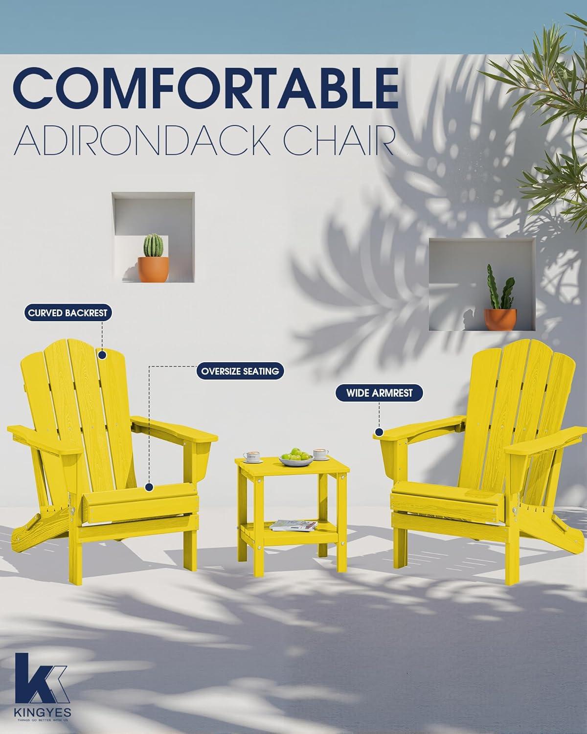 KINGYES Folding Adirondack Chair Set of 2, HDPE All-Weather Folding Adirondack Chair, Yellow