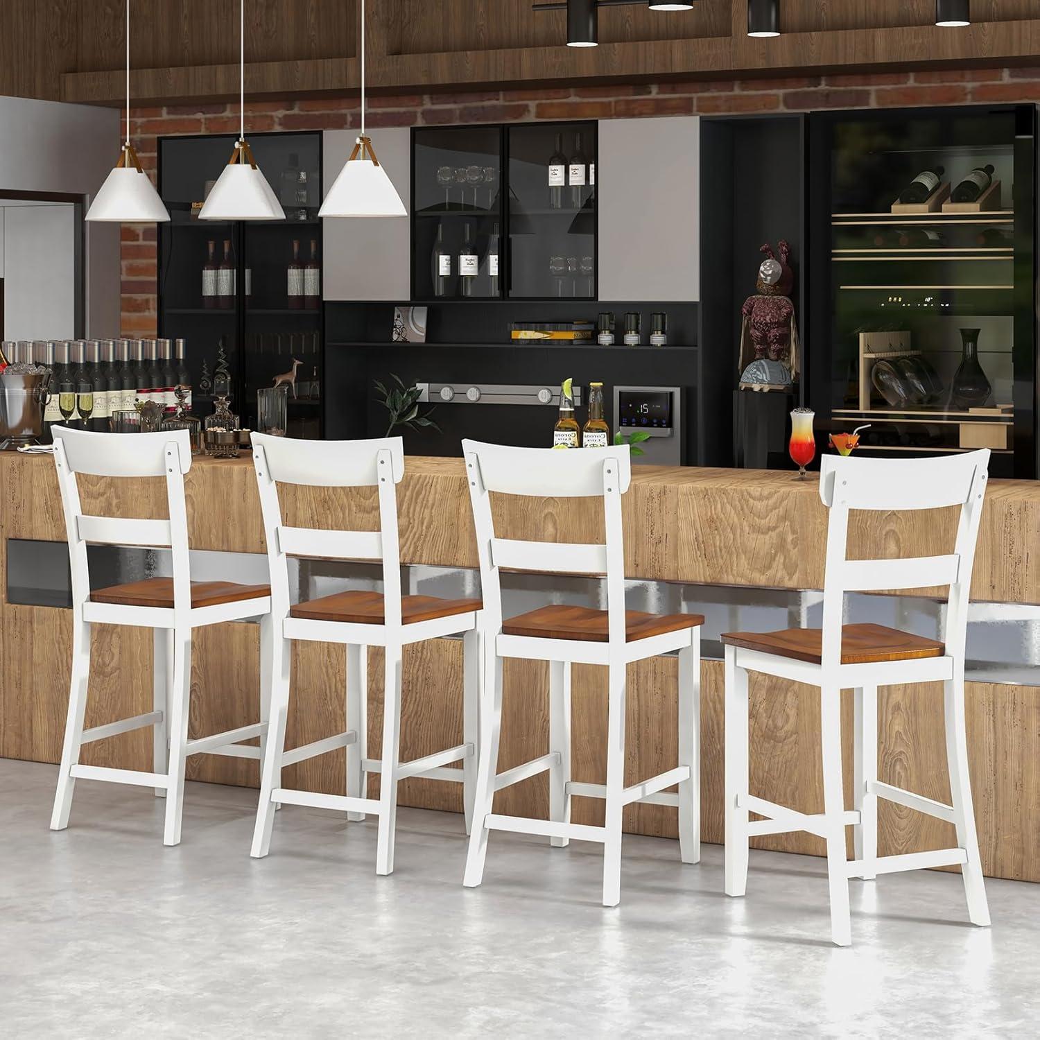 White and Brown Rubber Wood Farmhouse Bar Stools, Set of 2