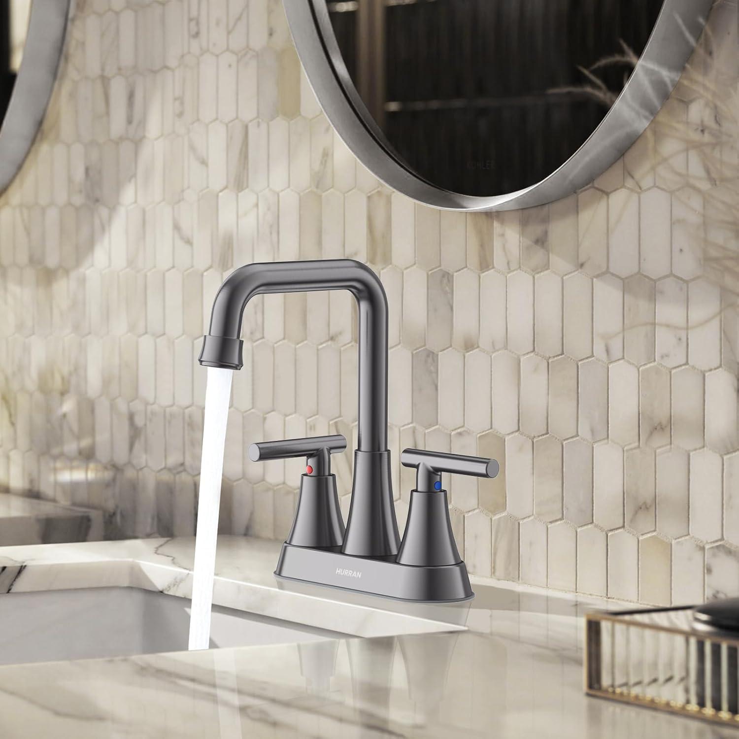 4 Inch Bathroom Faucets for Sink 3 Hole, Faucet for Bathroom Sink with Pop-up Drain & Supply Hoses, 2-Handle 360 Swivel Spout Stainless Steel Lead-Free, Centerset Faucet for Vanity Lavatory