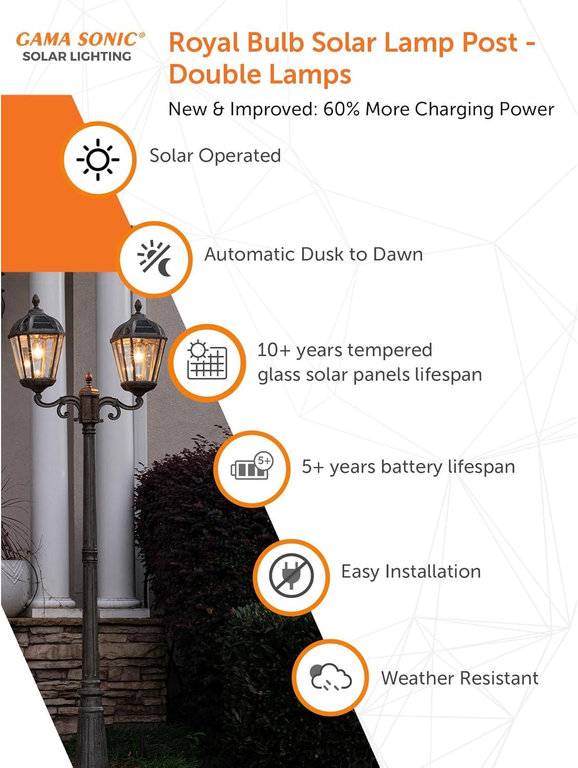 Gama Sonic Outdoor Solar Lamp Post Light Kit, Royal Bulb 120 Lumens, Double Head Weathered Bronze Cast Aluminum and Clear Beveled Glass Post Lamp, Light Pole, and Warm White Light 2700K, 98B302