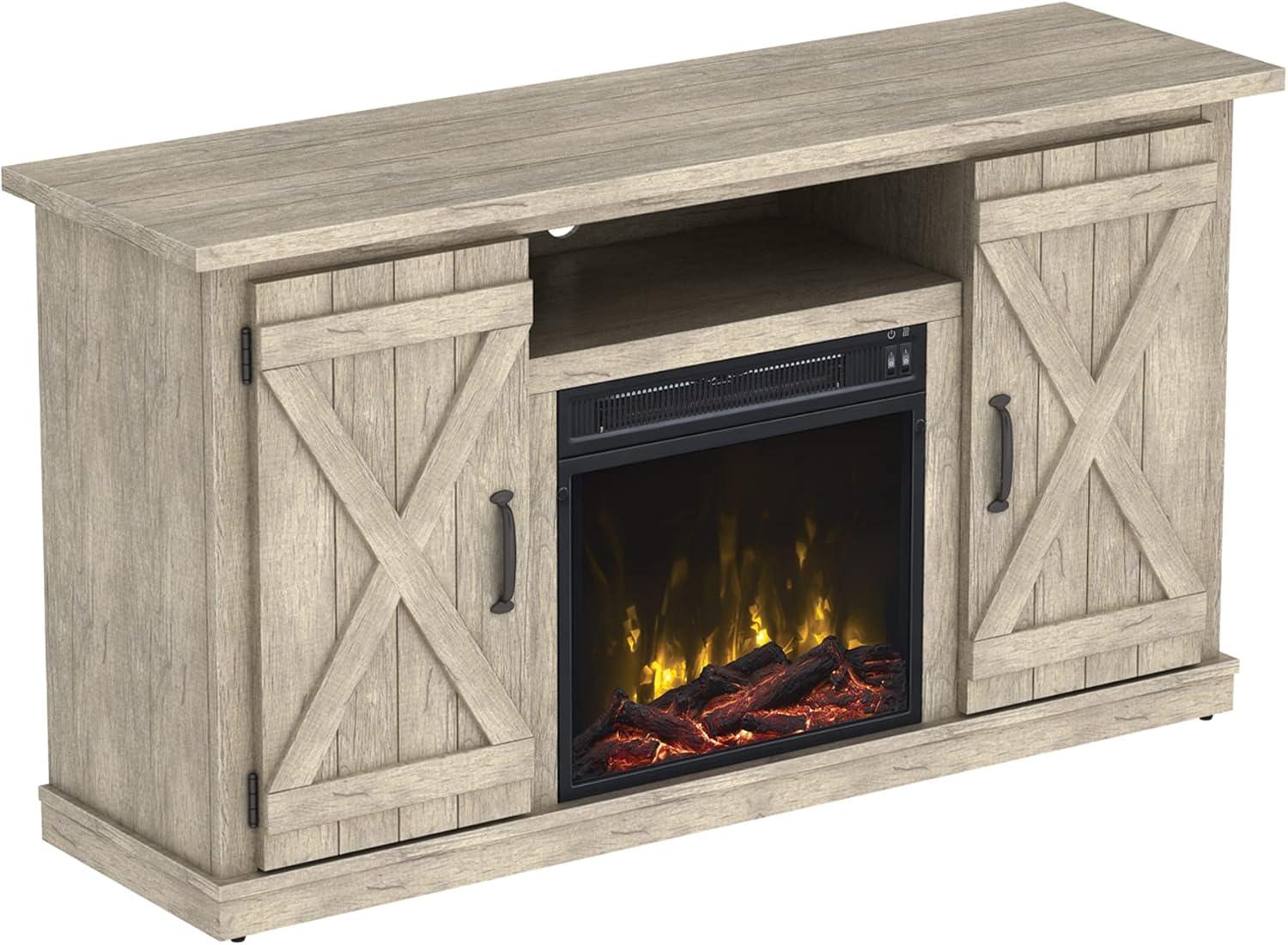 Ashland Pine TV Stand with Electric Fireplace and Cabinets