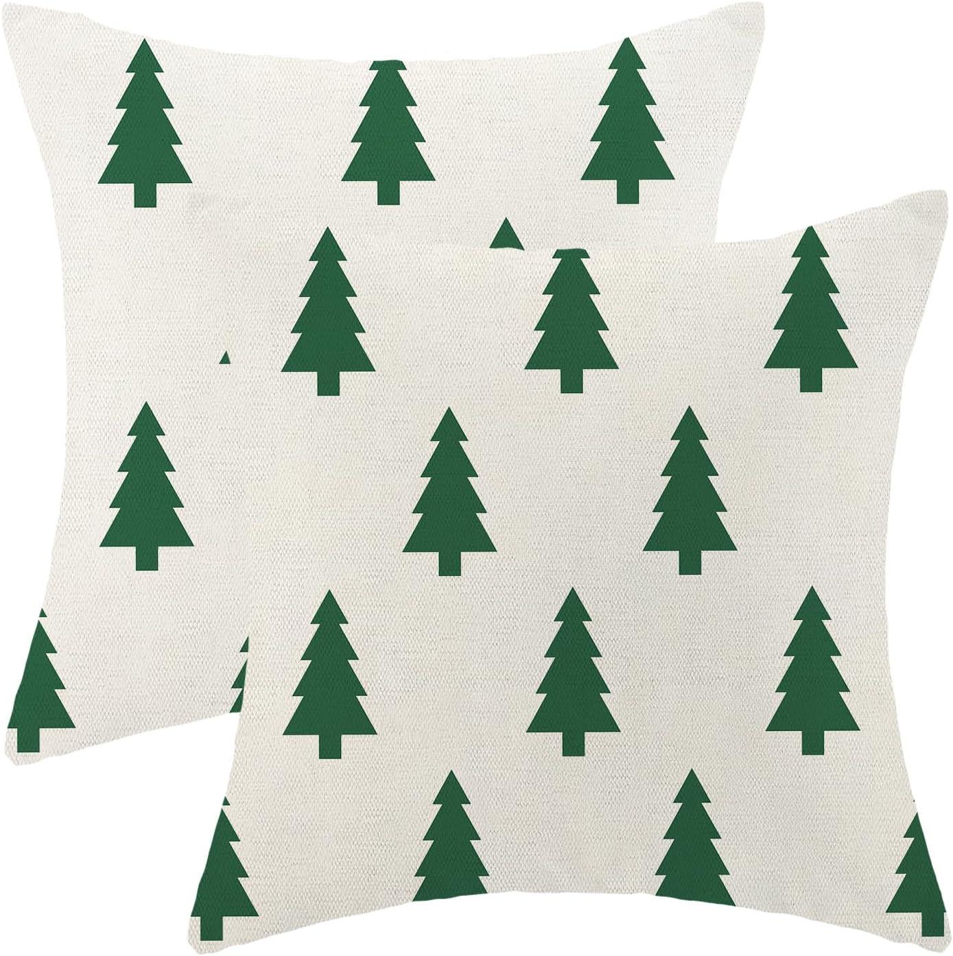 Green Christmas Tree Chenille 18" Square Decorative Pillows, Set of 2