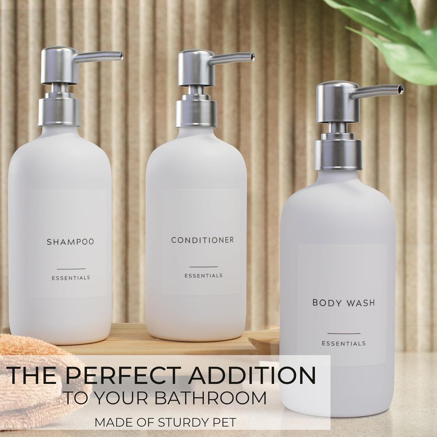 Stylish Shampoo and Conditioner Dispenser Set of 3 - Modern 21oz Shower Soap Bottles with Pump and Labels - Easy to Refill Body Wash Dispensers for an Instant Bathroom Decor Upgrade - White C31