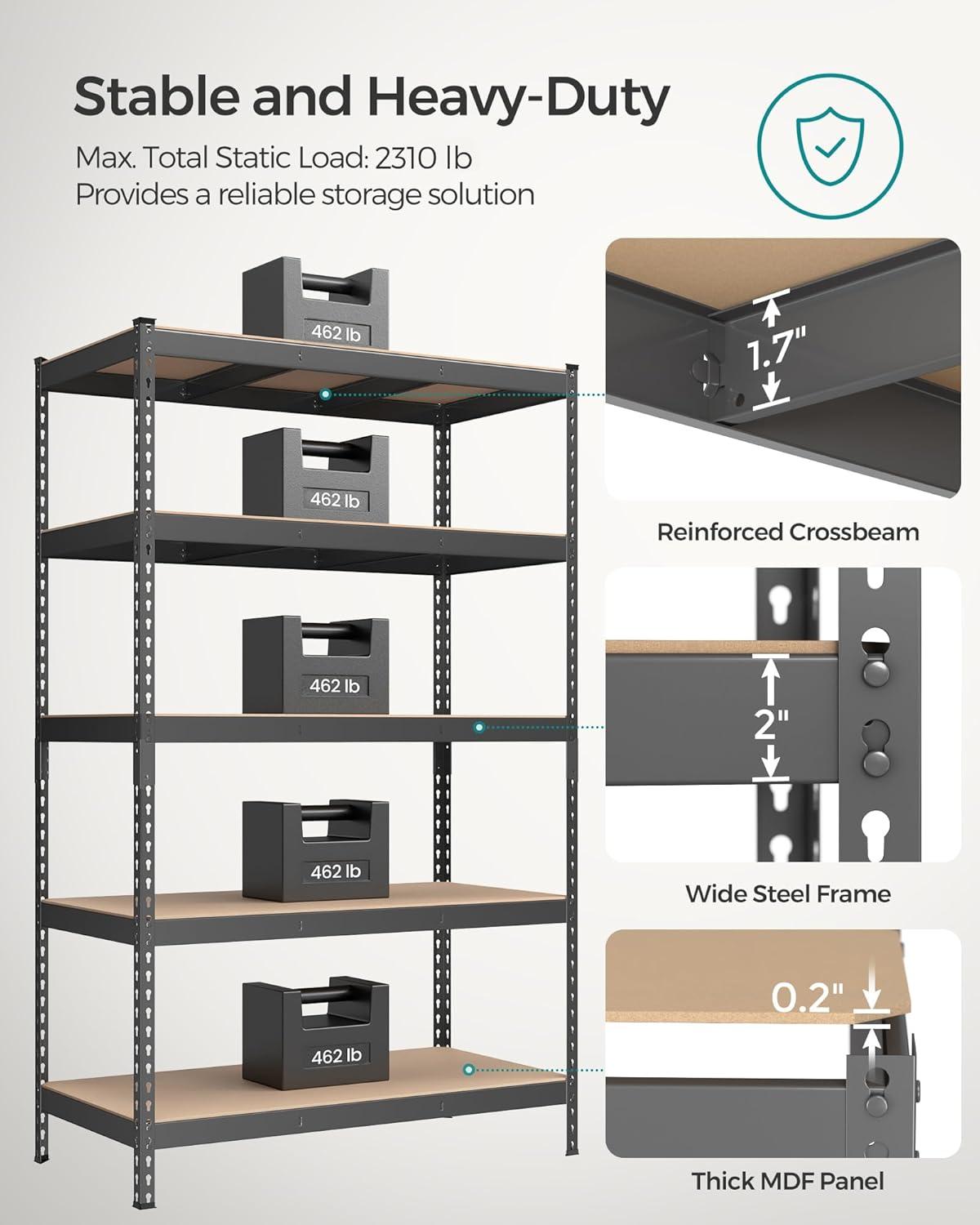 5-Tier Storage Shelves Metal Garage Storage Boltless Assembly Adjustable Shelving Unit 11.8 x 29.5 x 59.1 Inches Load 1929 lb for Shed Warehouse Basement Kitchen Gray