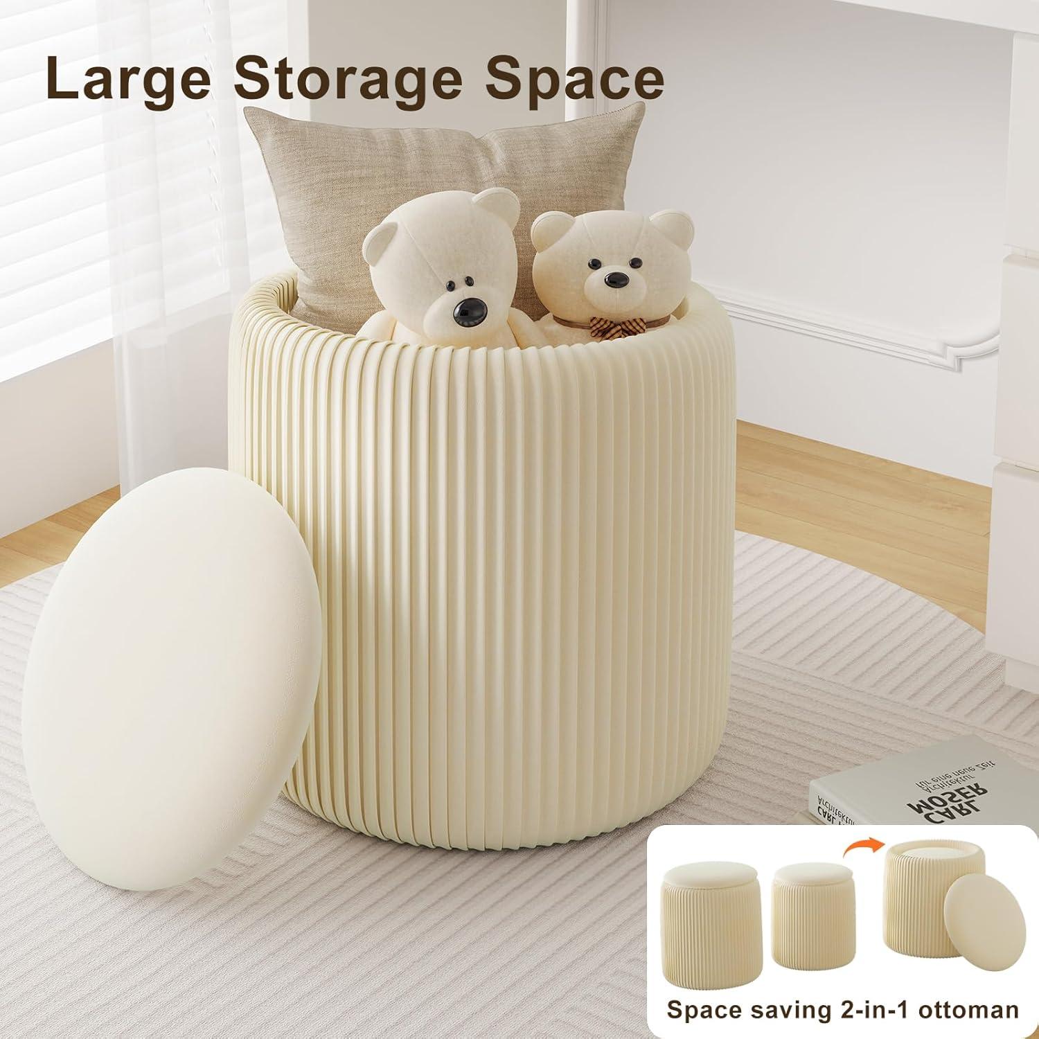 Cream Velvet Round Storage Ottoman Set with Removable Lid