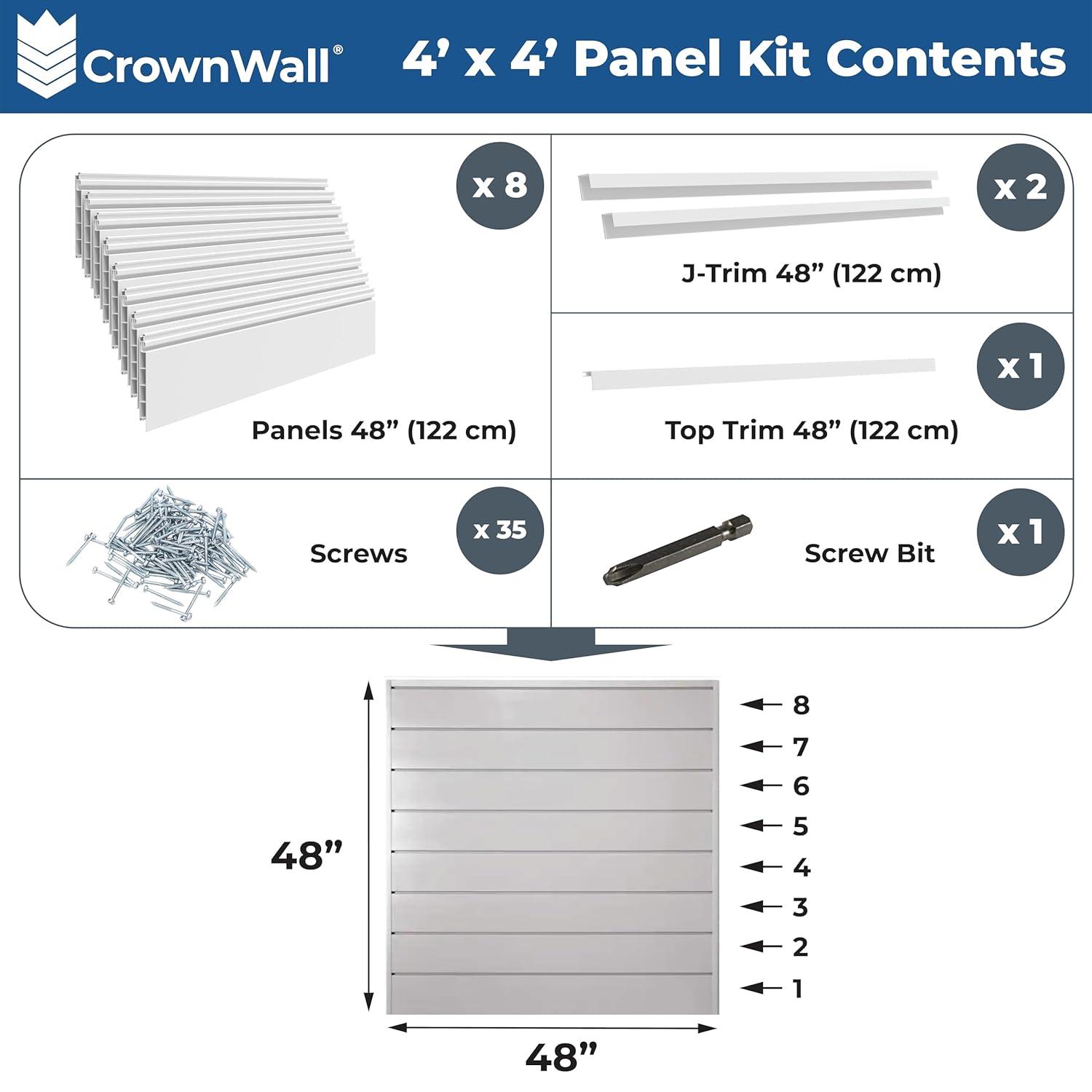 CrownWall PVC Slat Wall Panels Garage Wall and Home Organizer Storage System  | 4ft by 4ft (Set of 8)