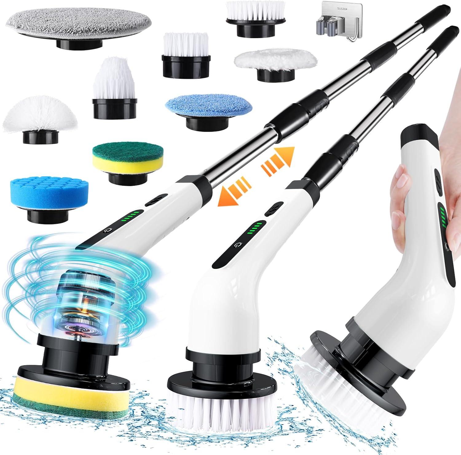 Electric Spin Scrubber, Cordless Cleaning Brush, Shower Cleaning Brush with 9 Brush Heads 2H Power Dual Speed, Adjustable Extension Handle, IPX7 Waterproof for Tub Tile Floor Car, White